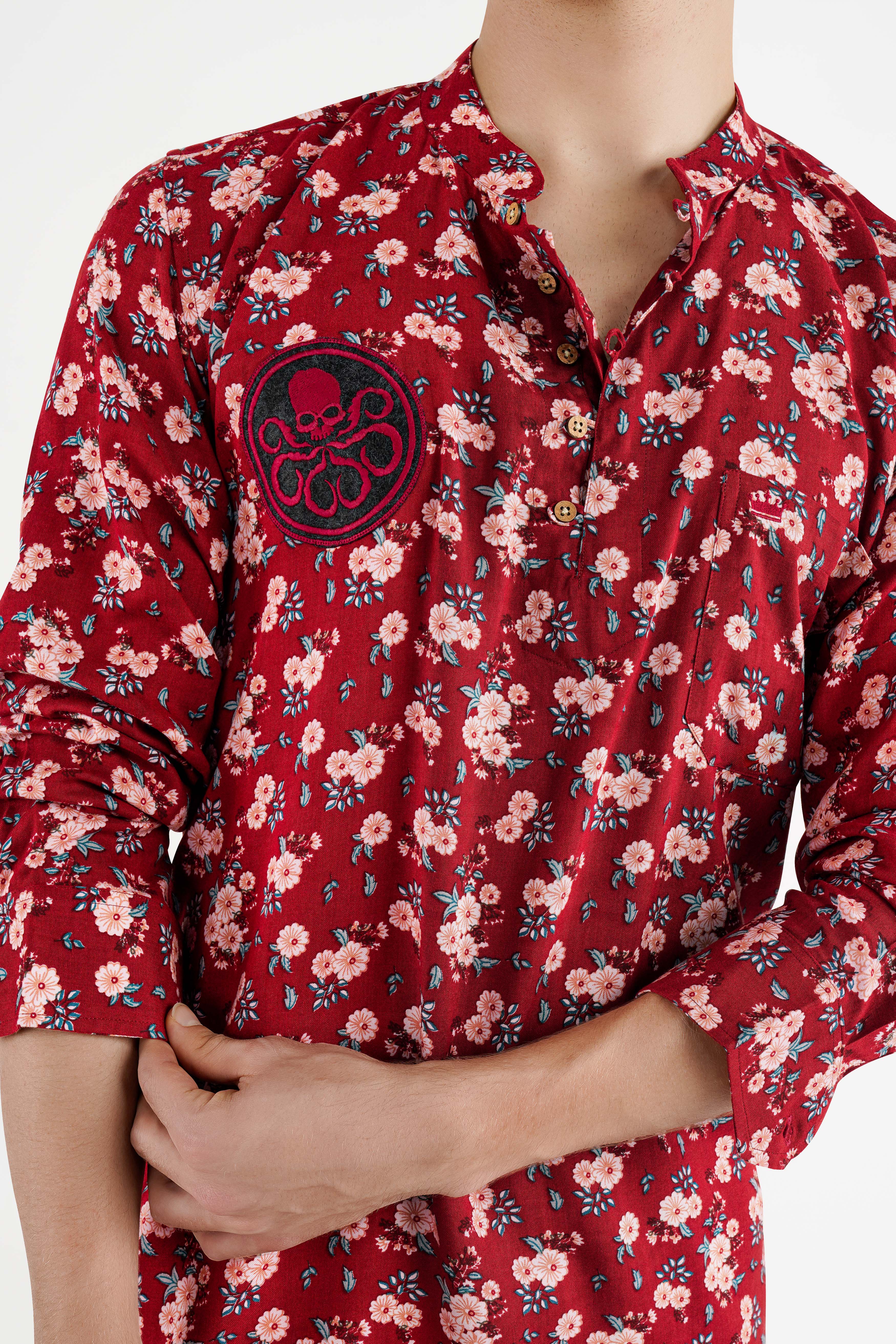 Merlot Red Floral Printed with Funky Patchwork Premium Tencel Designer Kurta Shirt