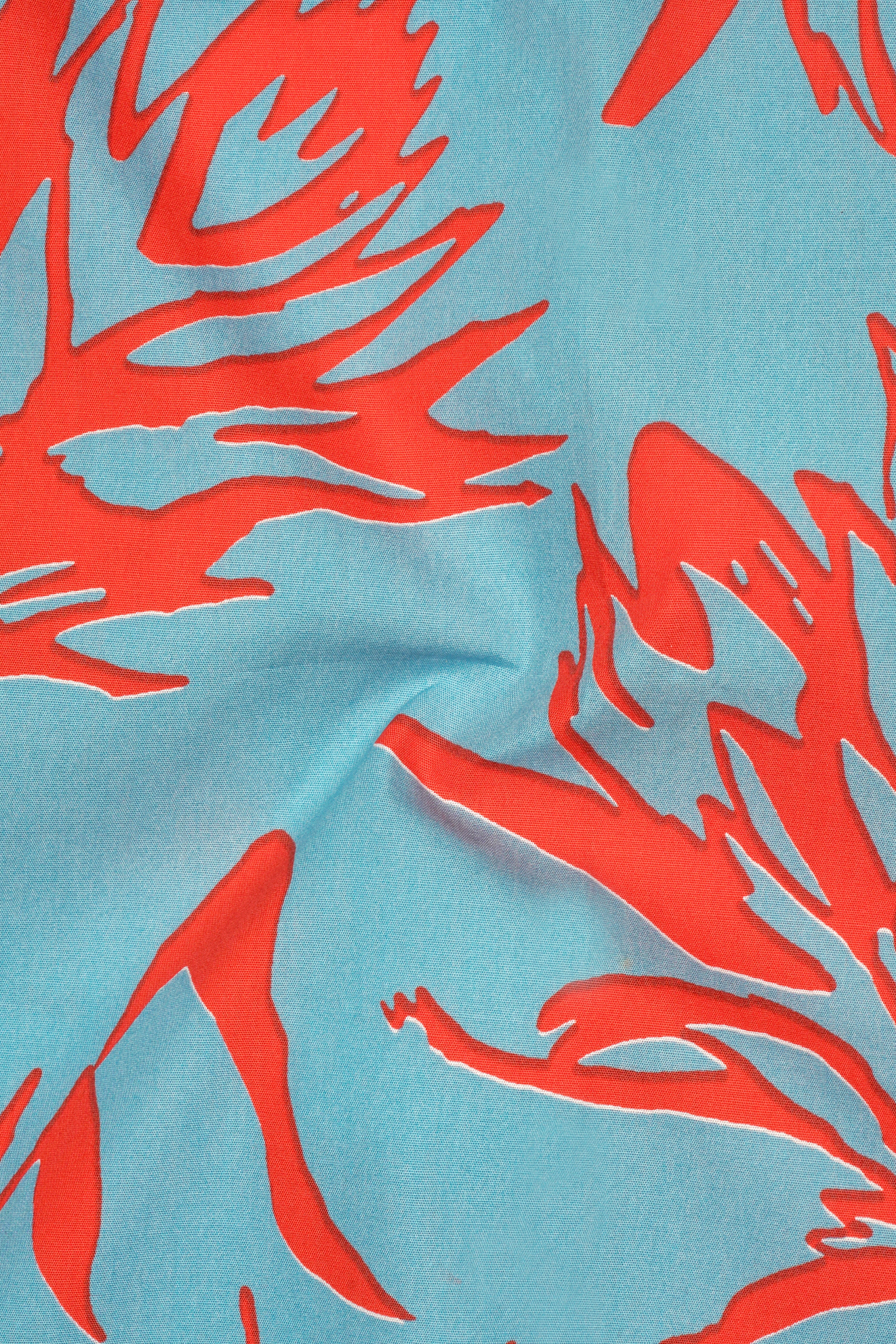 Tiffany Blue with Flamingo Red Printed Premium Cotton Mandarin Collar Designer Shirt