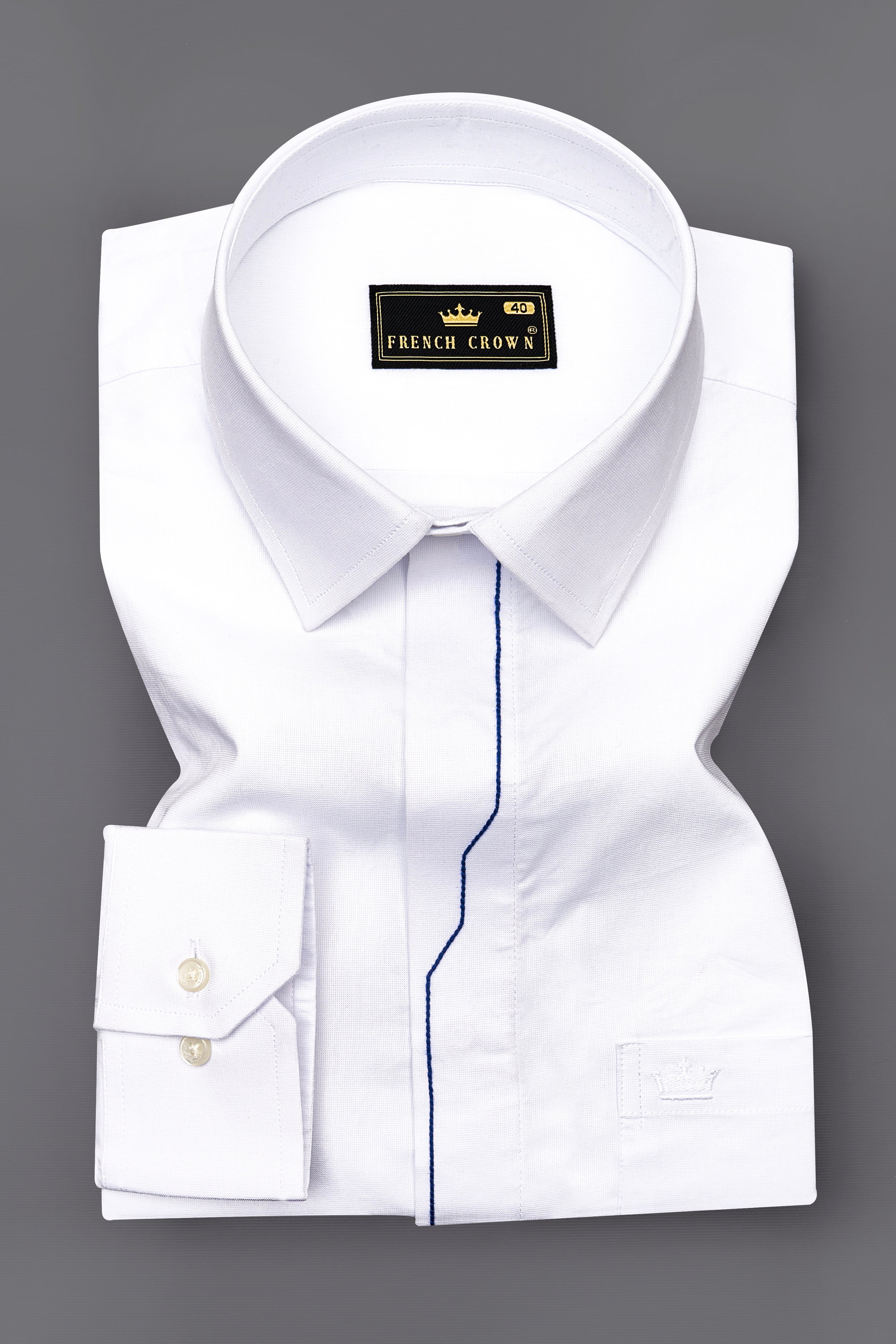 Bright White with Blue Threadwork Chambray Designer Shirt