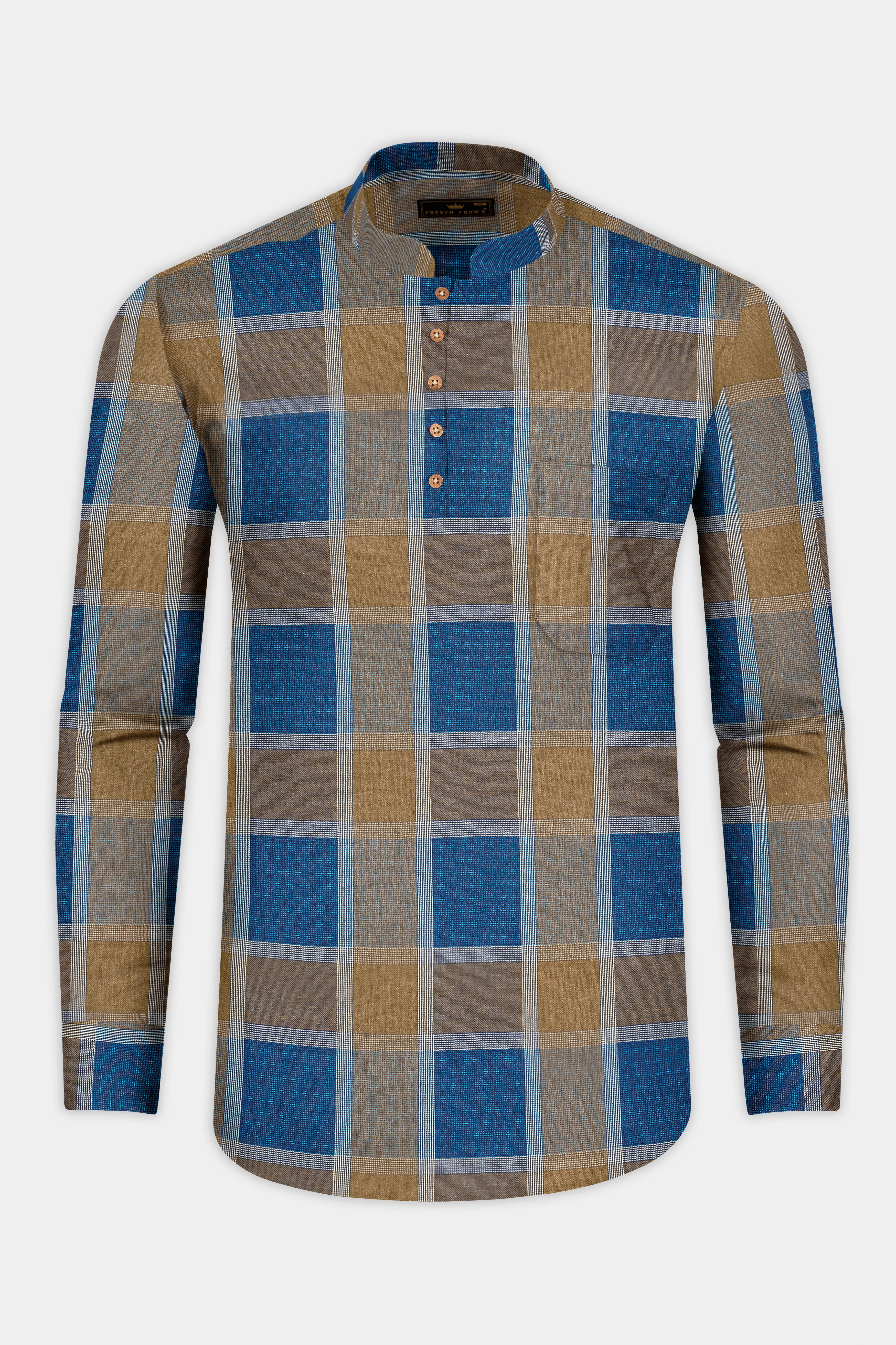 Lochmara Blue with Pesto Brown Checked Dobby Textured Premium Giza Cotton Kurta Shirt