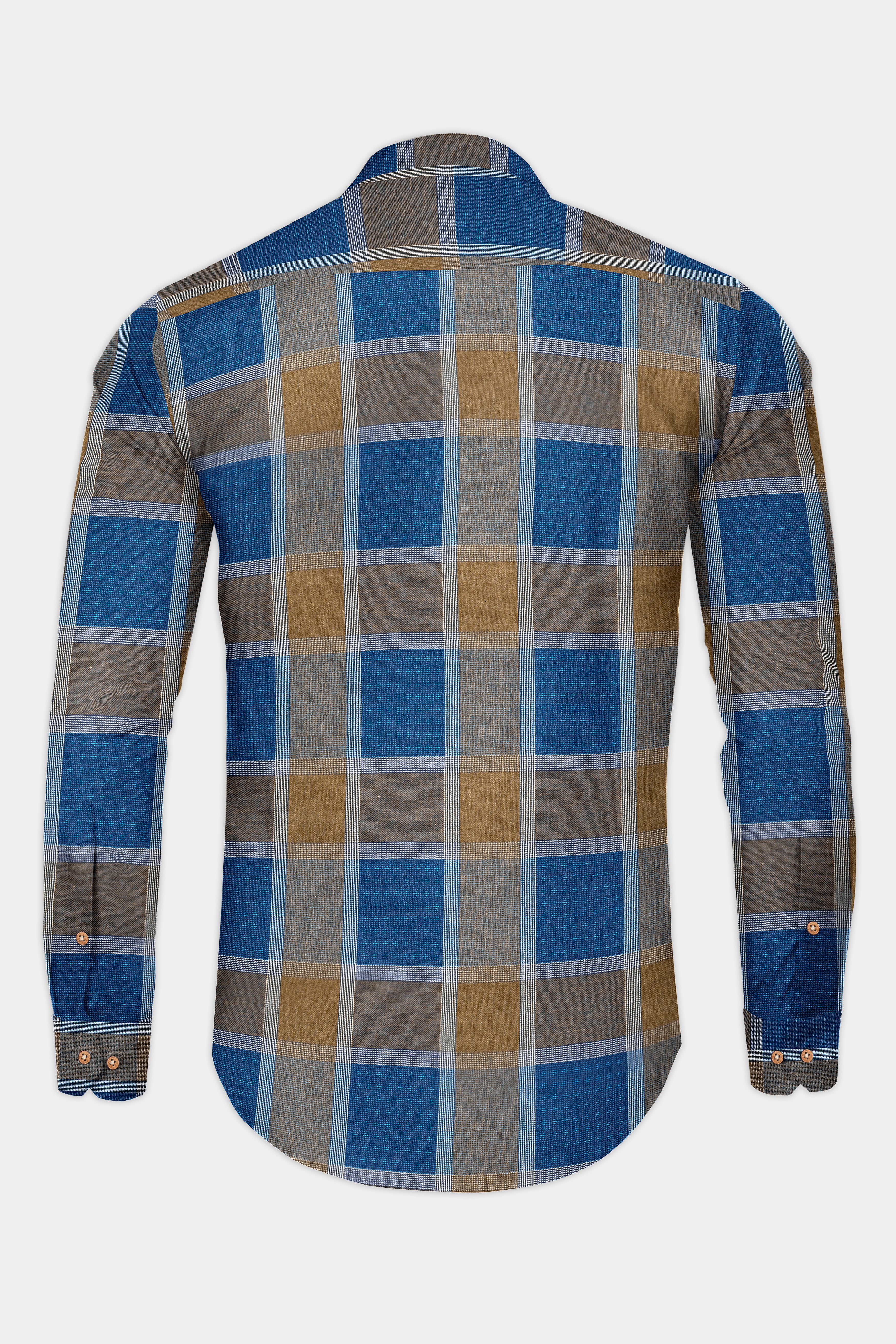 Lochmara Blue with Pesto Brown Checked Dobby Textured Premium Giza Cotton Kurta Shirt