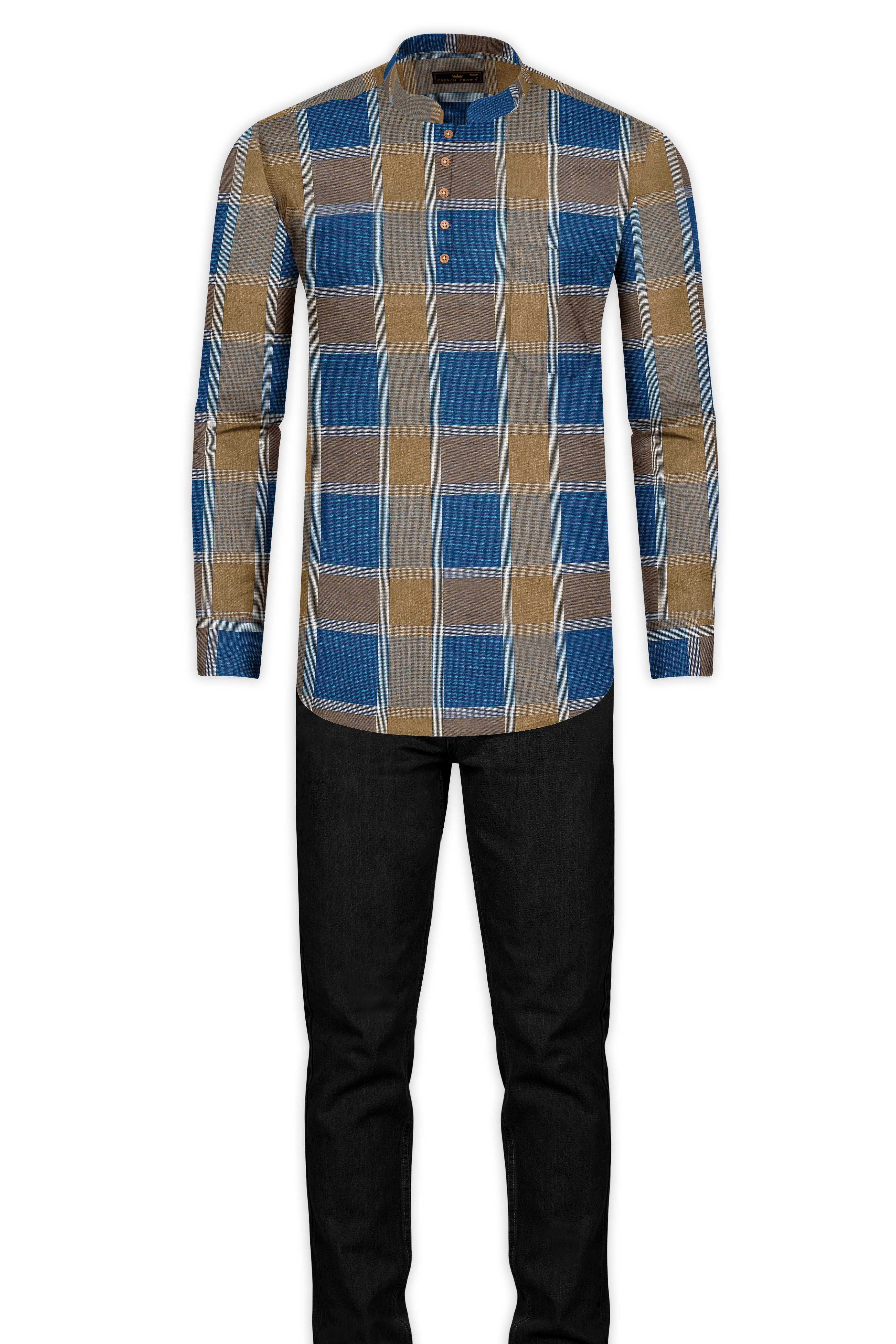 Lochmara Blue with Pesto Brown Checked Dobby Textured Premium Giza Cotton Kurta Shirt