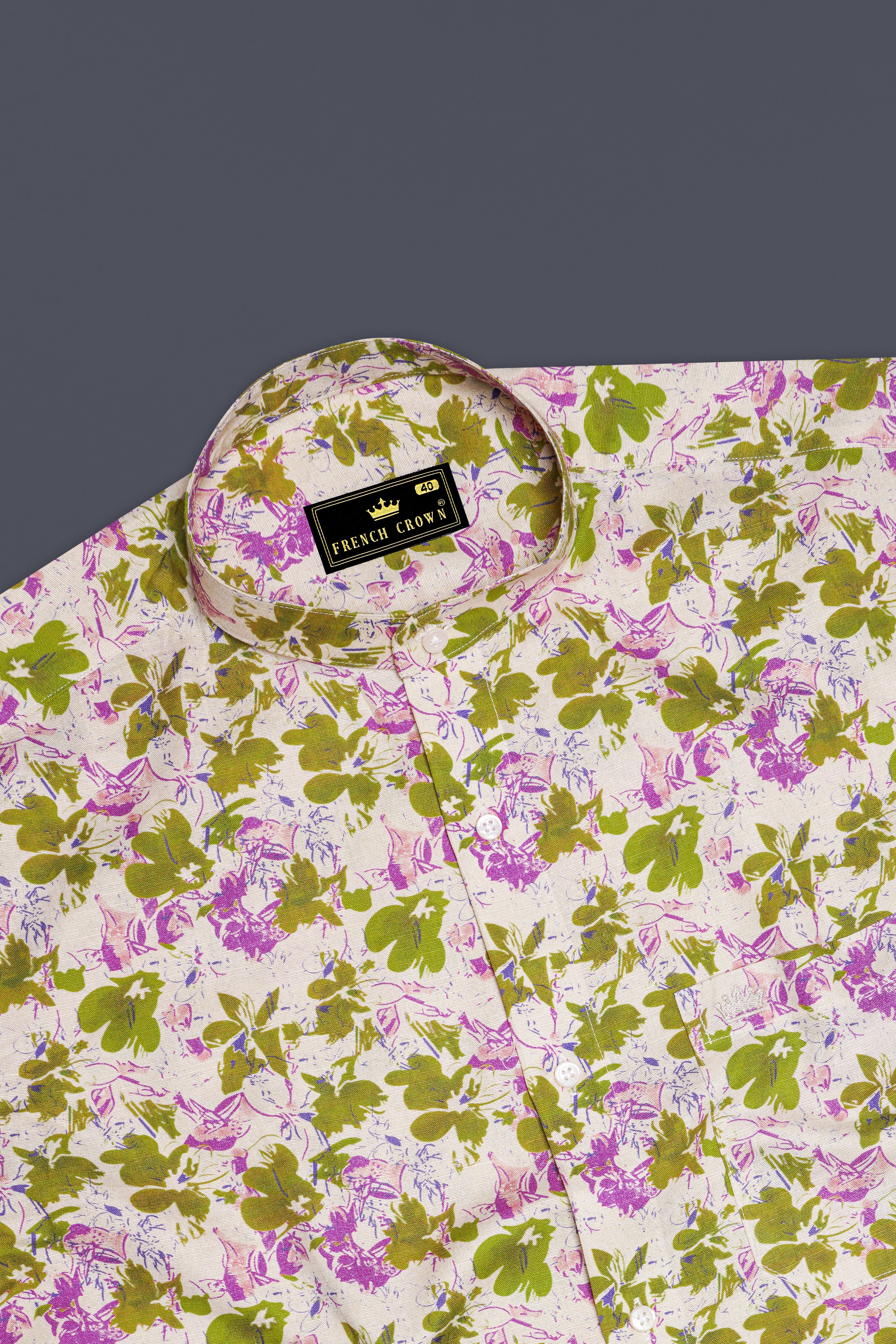 Albescent Cream with Alpine Green Multicolour Floral Textured Luxurious Linen Shirt