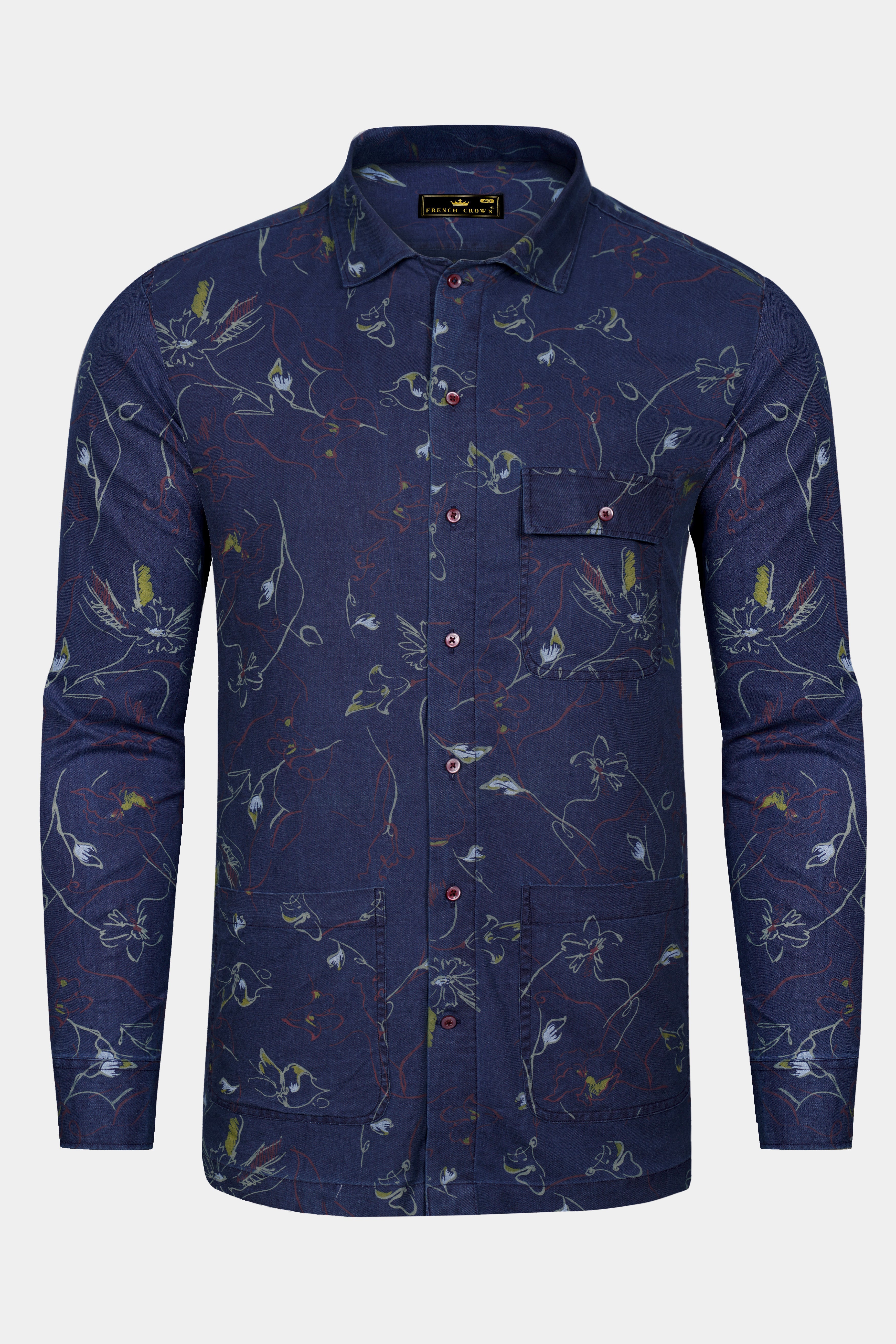 Martinique Blue Floral Textured Denim Designer Shirt