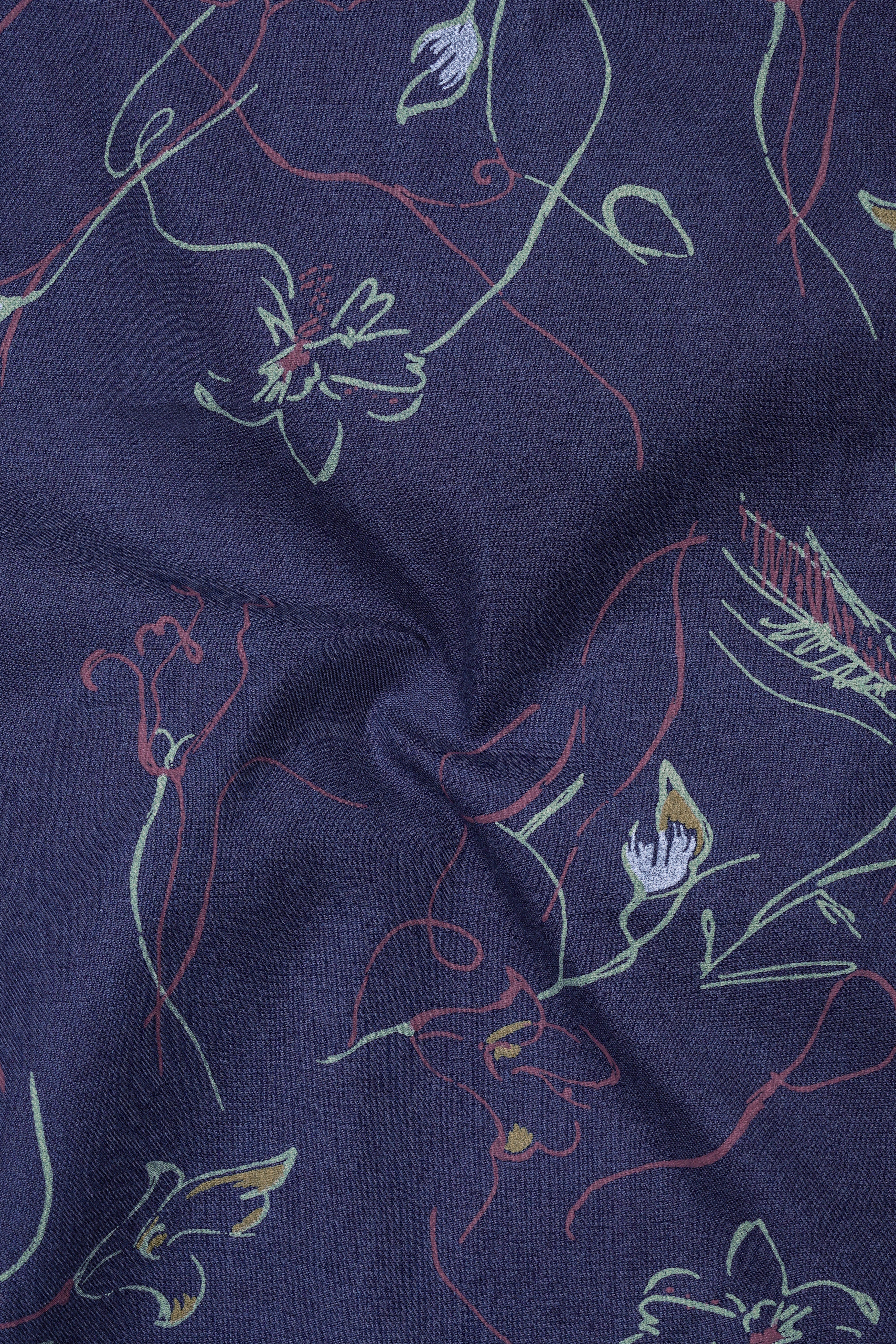 Martinique Blue Floral Textured With Maroon Buttondown Denim Shirt