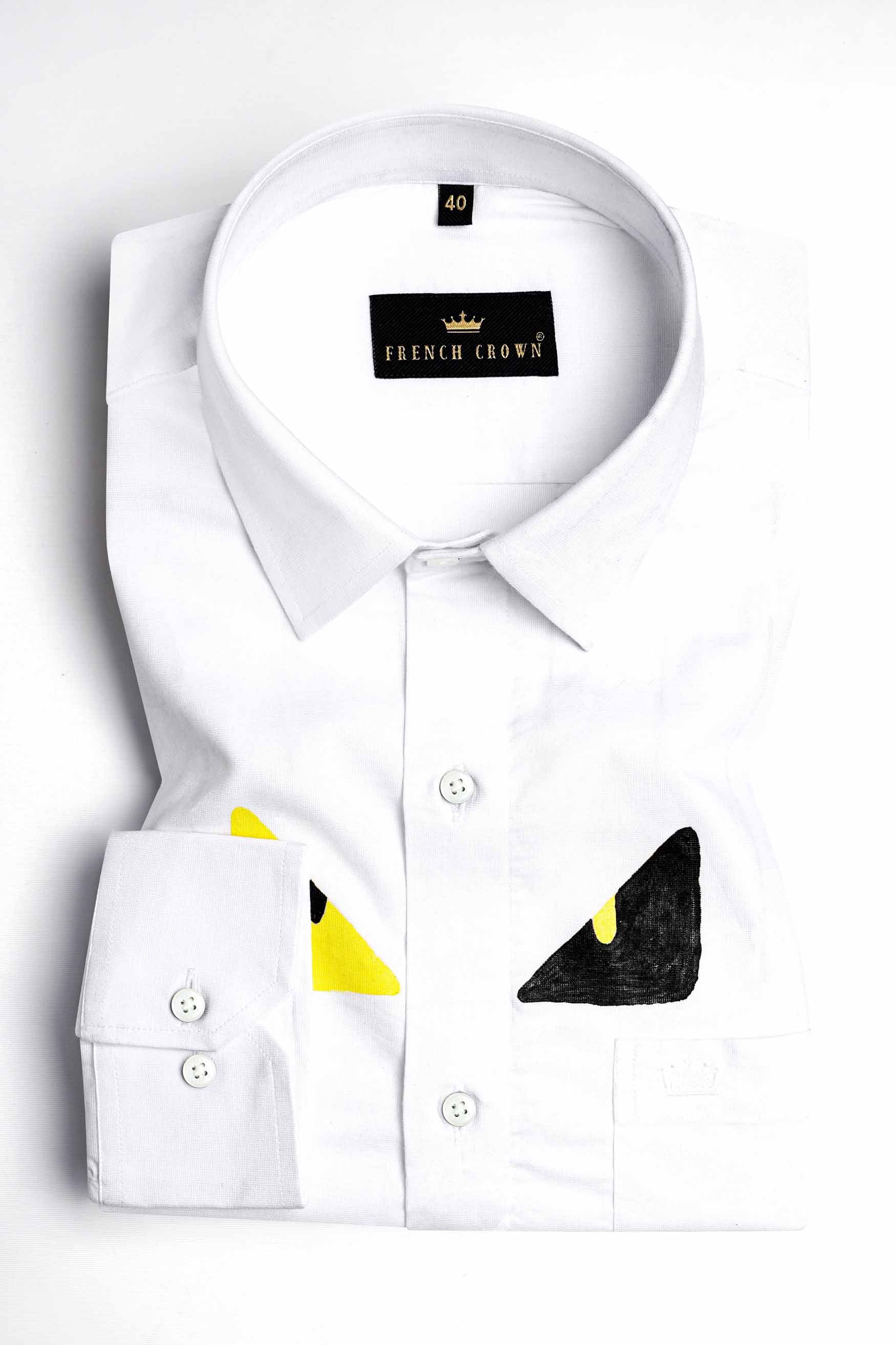 Bright White with Canary Yellow and Black Hand Painted Luxurious Linen Designer Shirt 928-ART-38, 928-ART-H-38, 928-ART-39, 928-ART-H-39, 928-ART-40, 928-ART-H-40, 928-ART-42, 928-ART-H-42, 928-ART-44, 928-ART-H-44, 928-ART-46, 928-ART-H-46, 928-ART-48, 928-ART-H-48, 928-ART-50, 928-ART-H-50, 928-ART-52, 928-ART-H-52