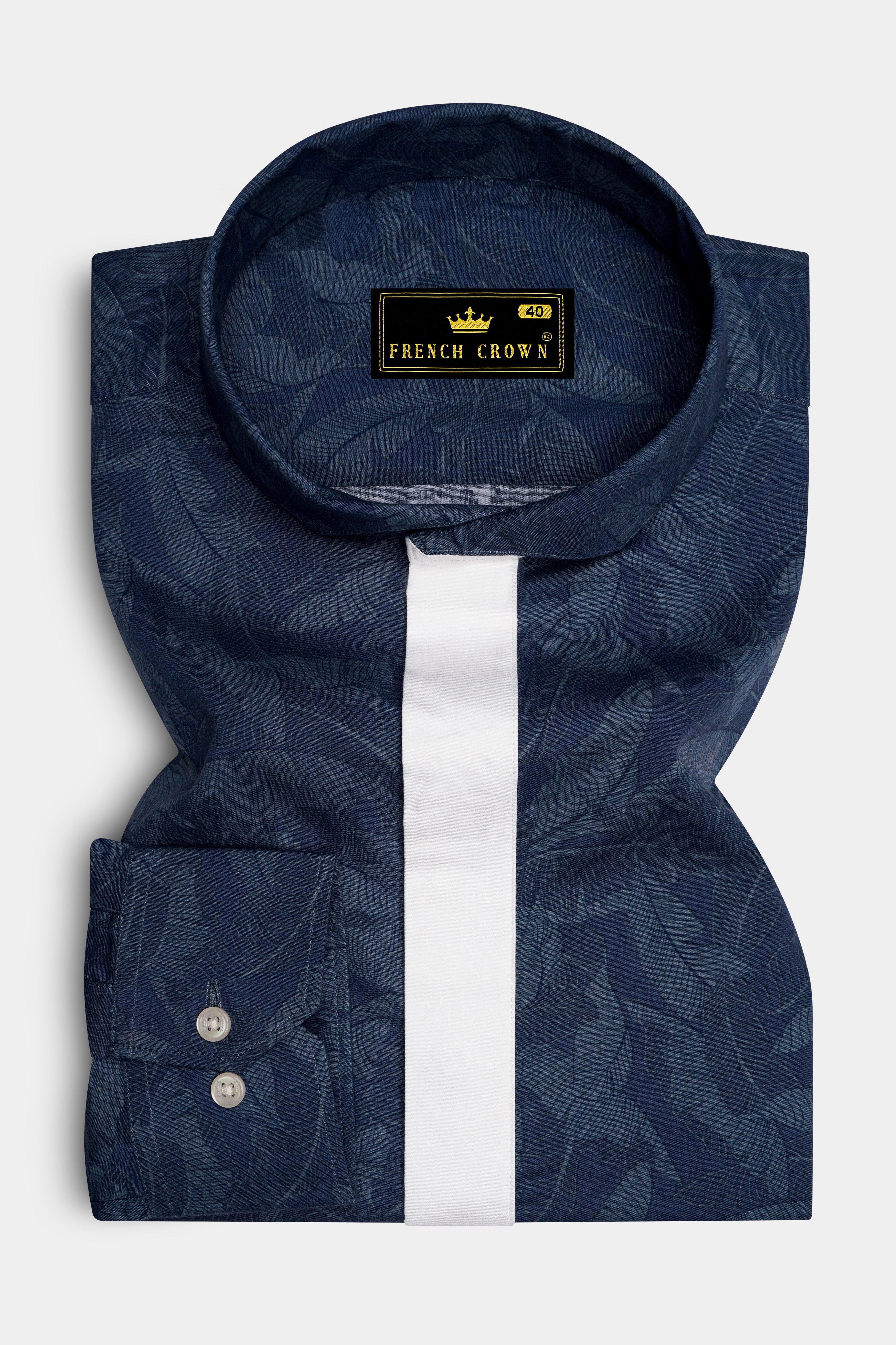 Rhino Blue Leaves Printed Premium Cotton Designer Shirt