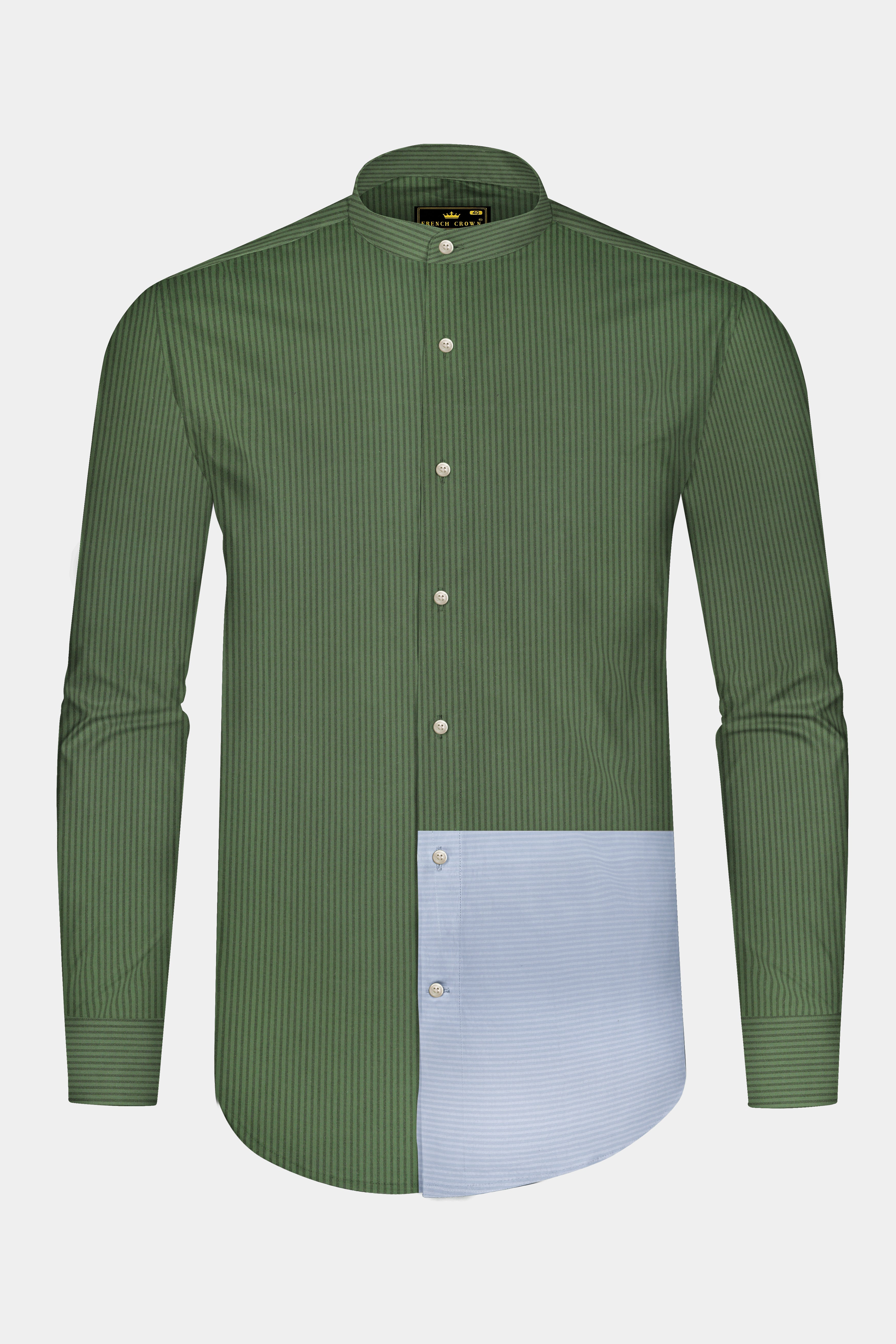 Lichen Green with Geyser Blue Striped Seersucker Giza Cotton Shirt
