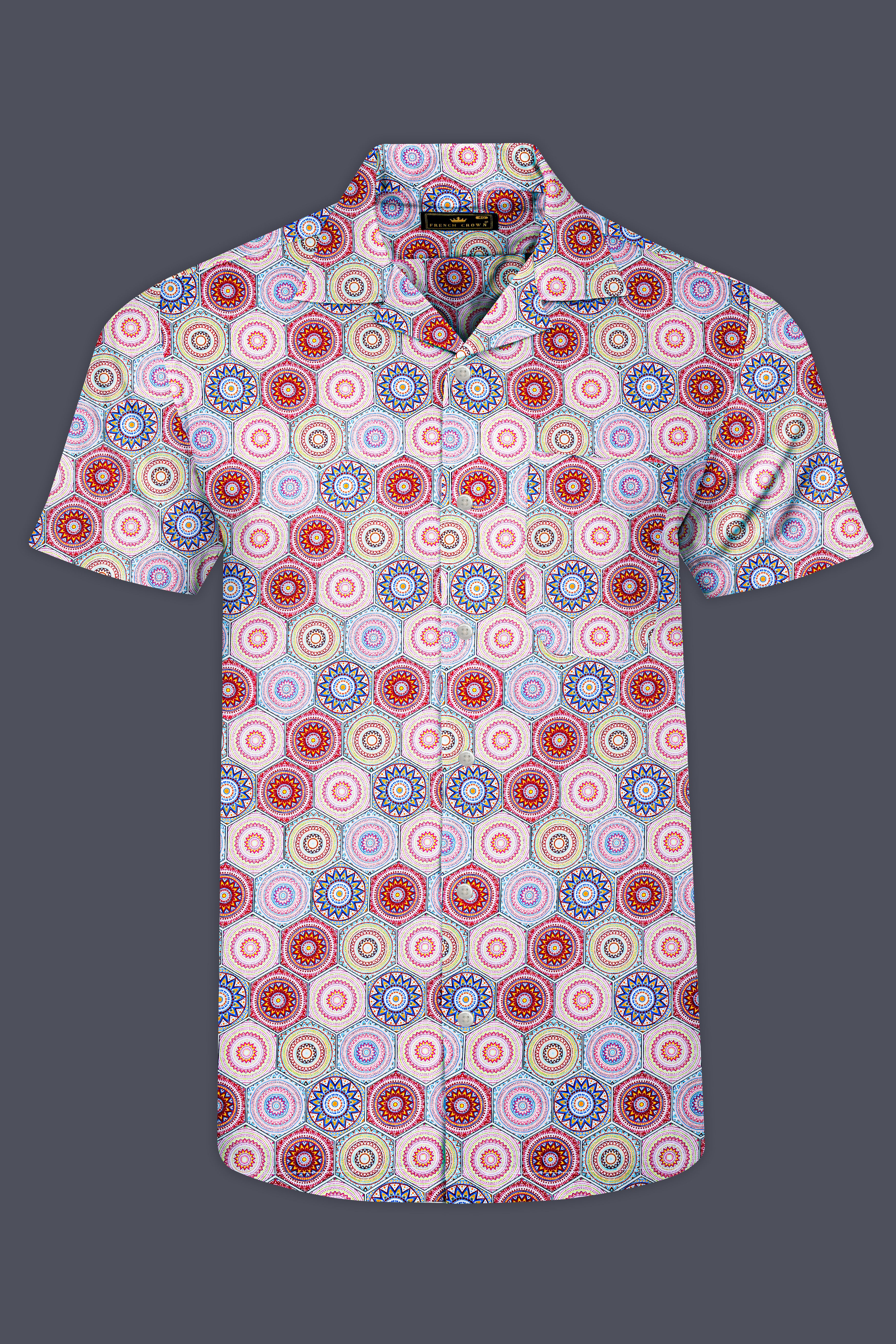 Bright White with Portland Orange Hexagonal Printed Super Soft Premium Cotton Half Sleeves Shirt