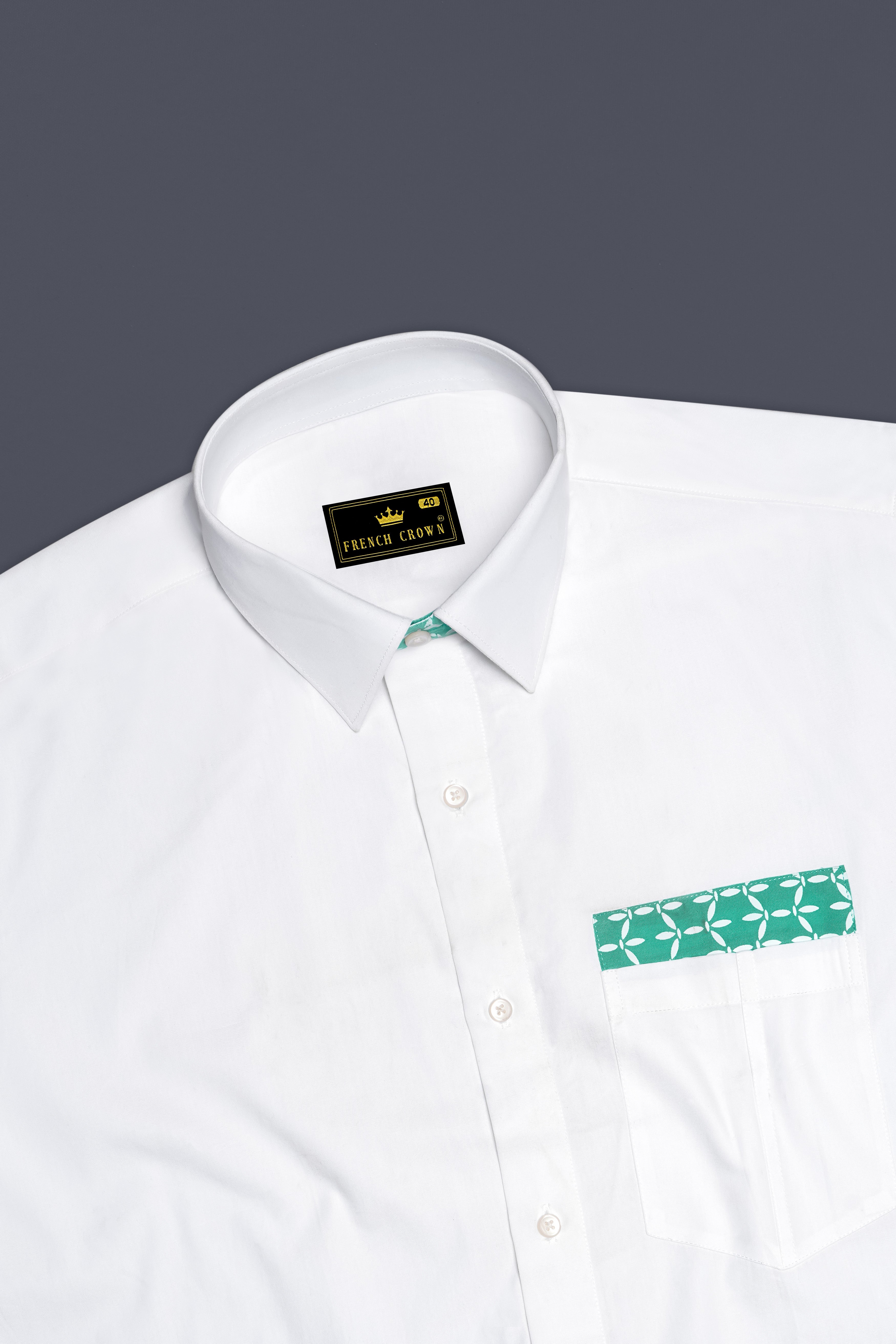 Bright White with Cascade Green Printed Premium Cotton Designer Shirt