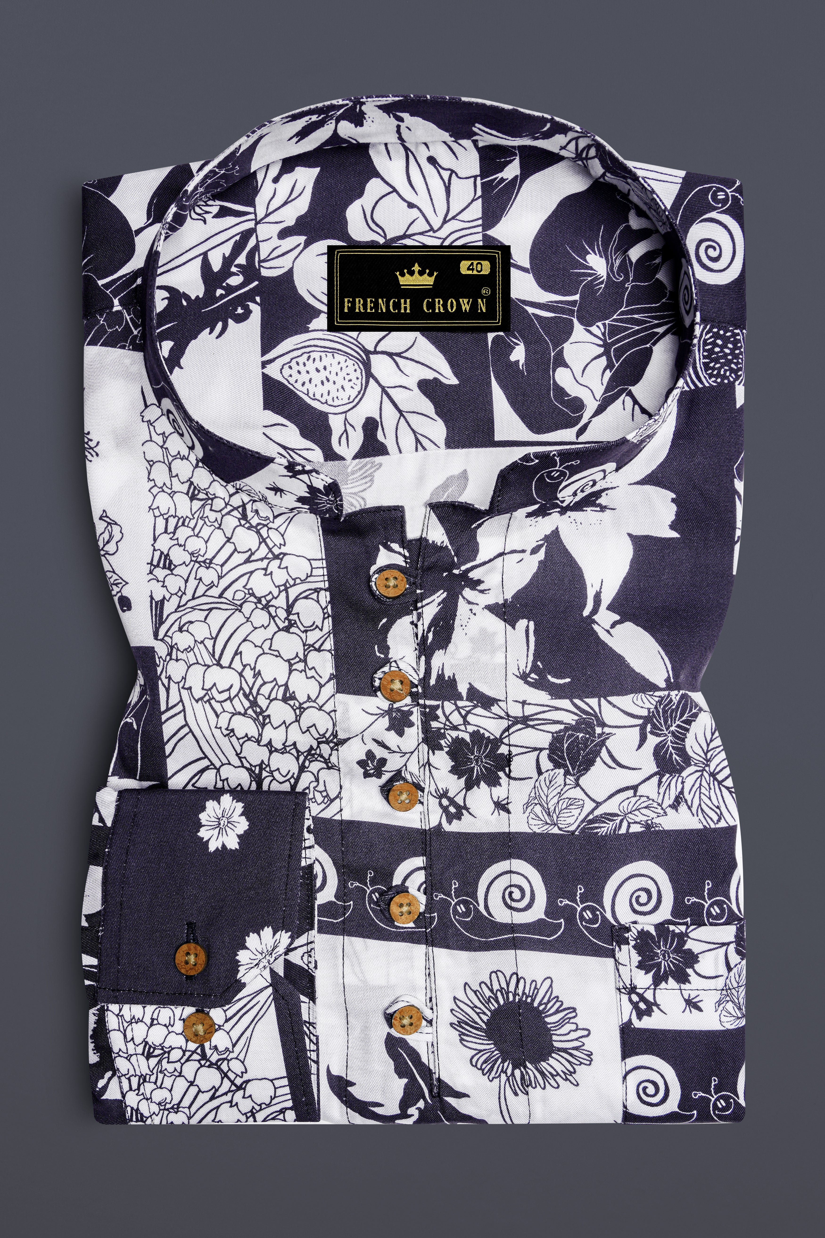 Tuatara Gray and White Floral Printed Twill Premium Cotton Kurta Shirt
