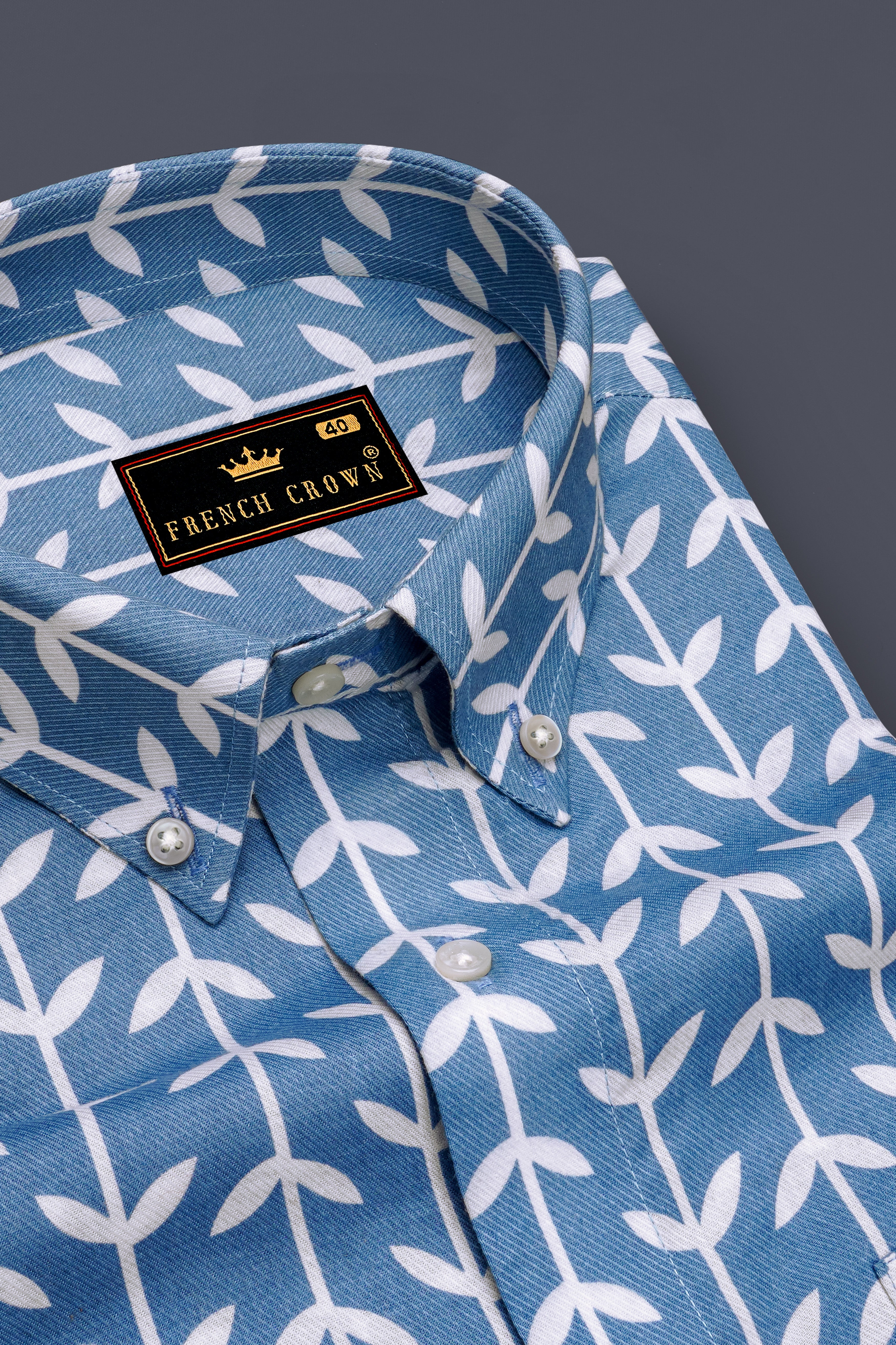 Glaucous Blue with Bright White Twill Printed Premium Cotton Shirt