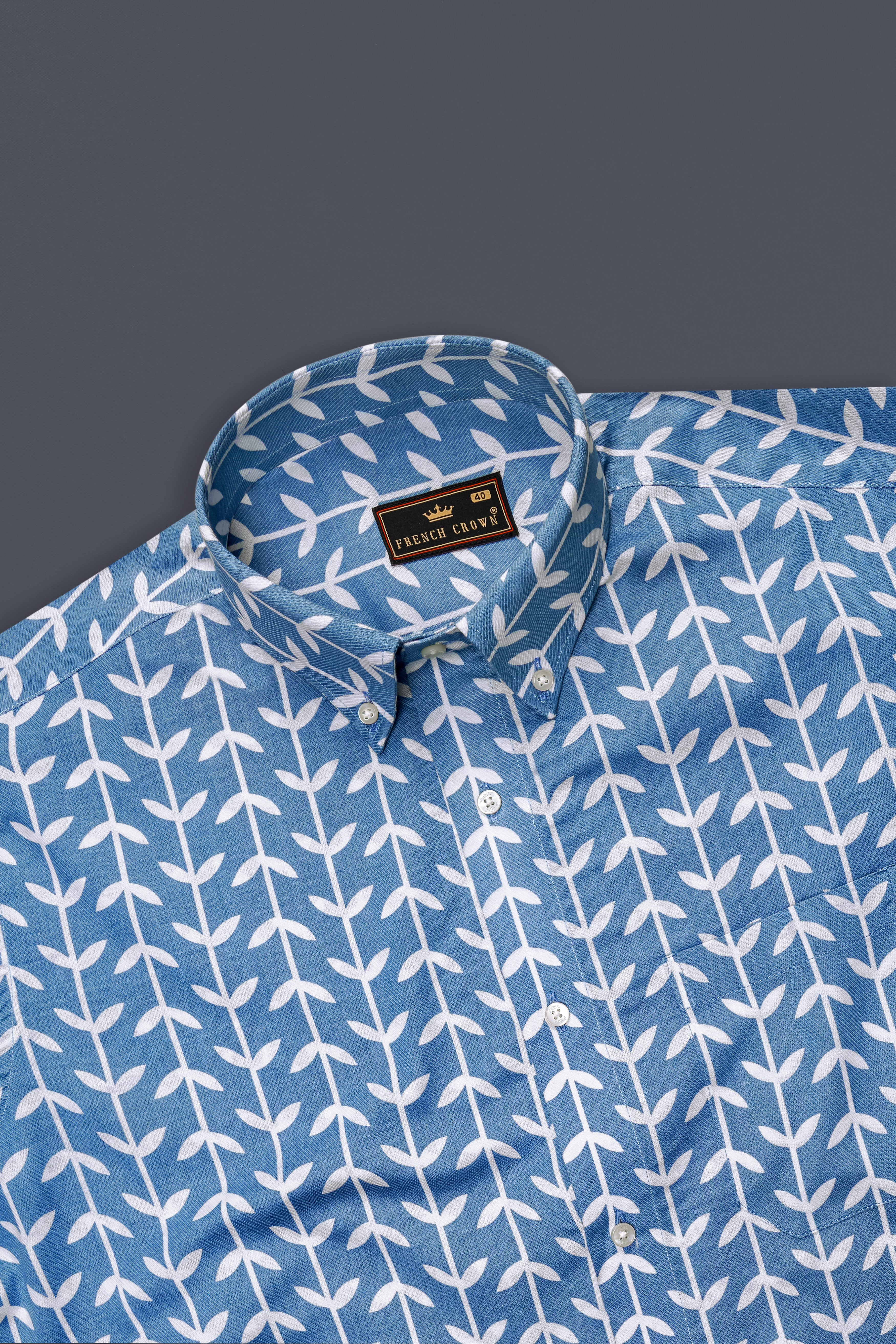 Glaucous Blue with Bright White Twill Printed Premium Cotton Shirt