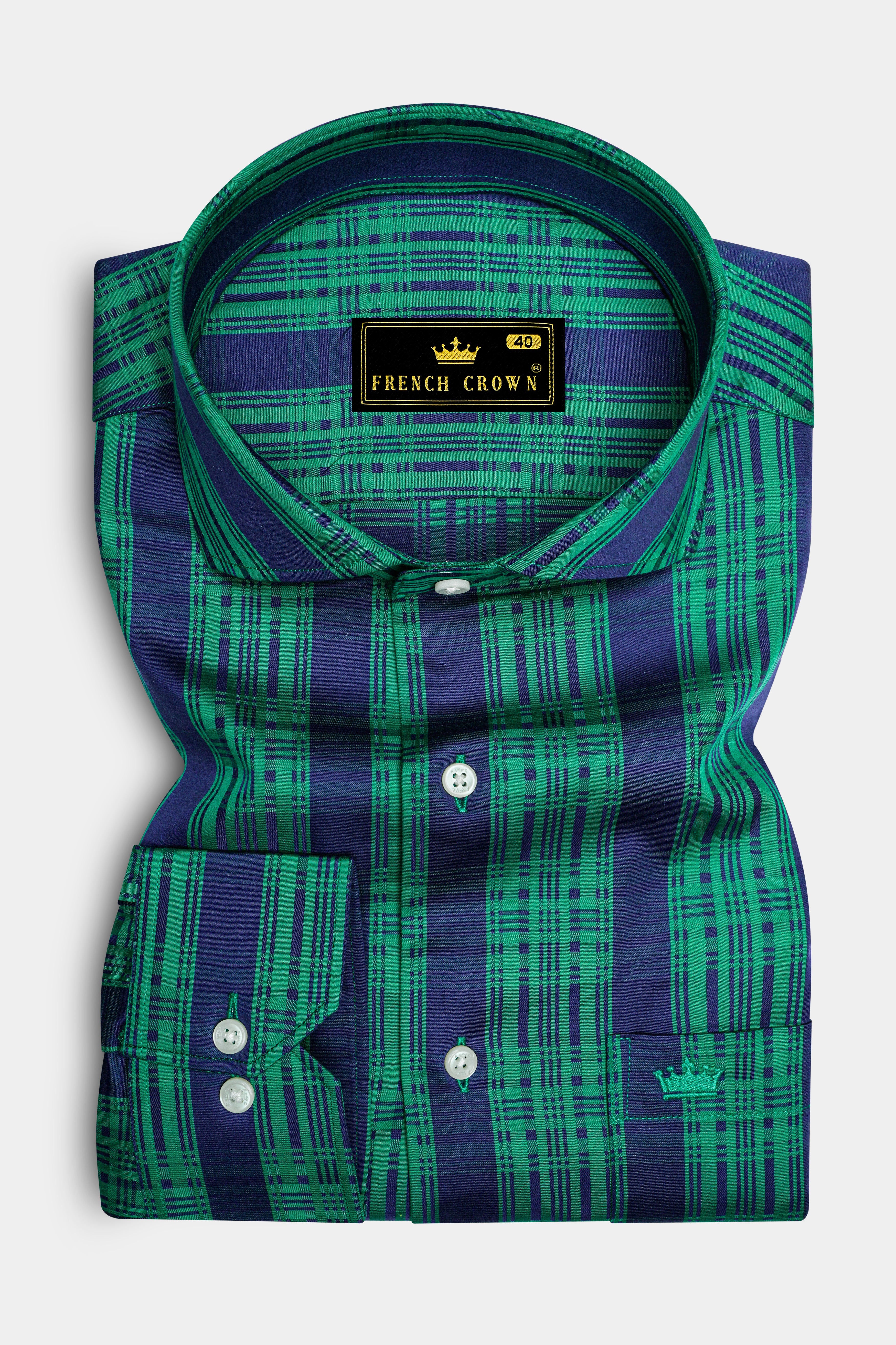 Eucalyptus Green with Rhino Blue Striped Dobby Premium Giza Cotton Shirt