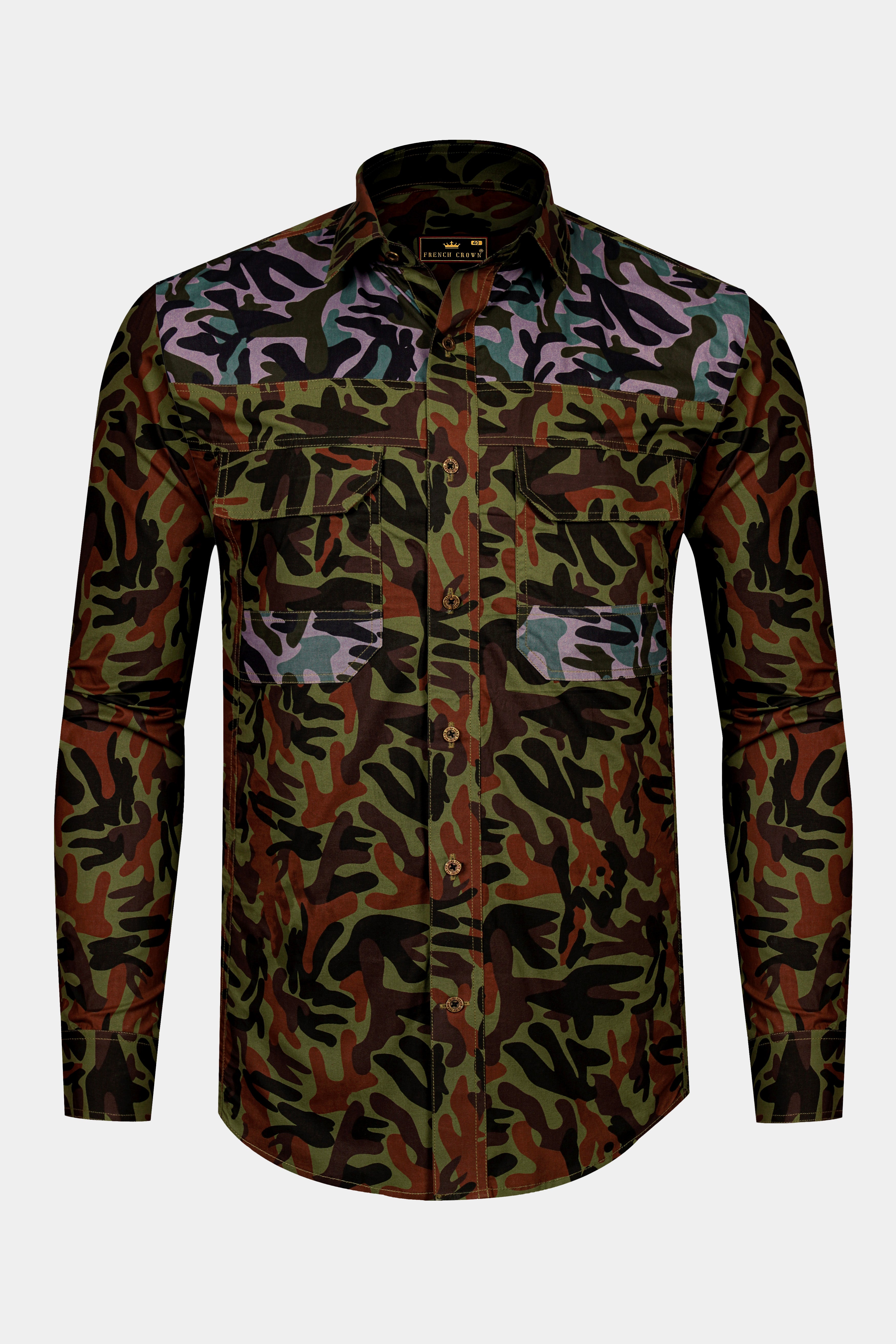Limed Green and Thunder Black and Multicolour Camouflage Royal Oxford Designer Overshirt