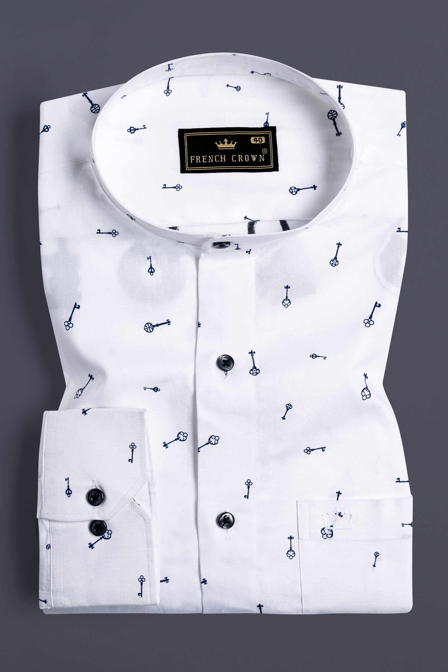 Bright White Keys Printed with Locks Hand Painted Royal Oxford Designer Shirt