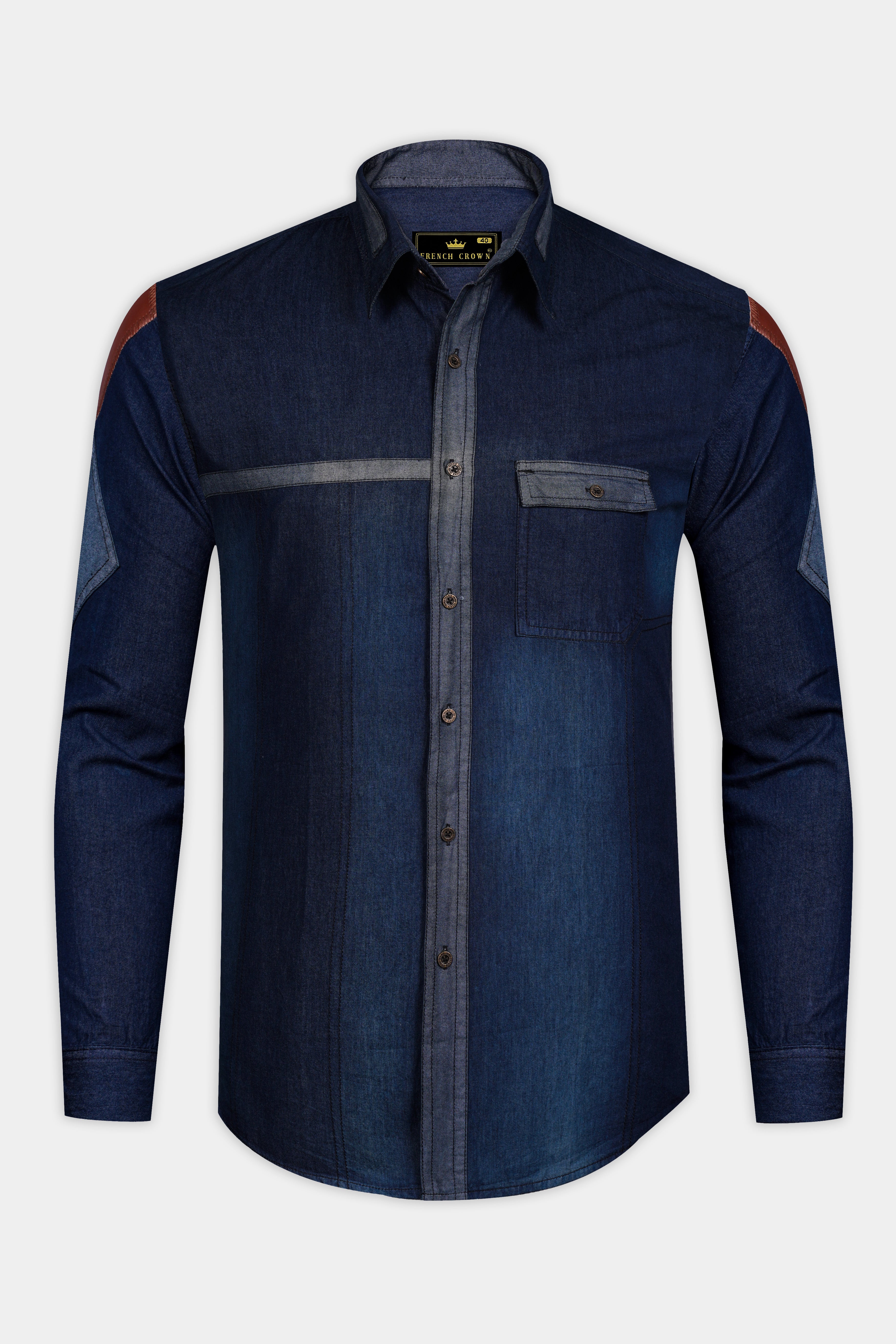 Outer Space Blue with Brown Patchwork Chambray Denim Designer Shirt