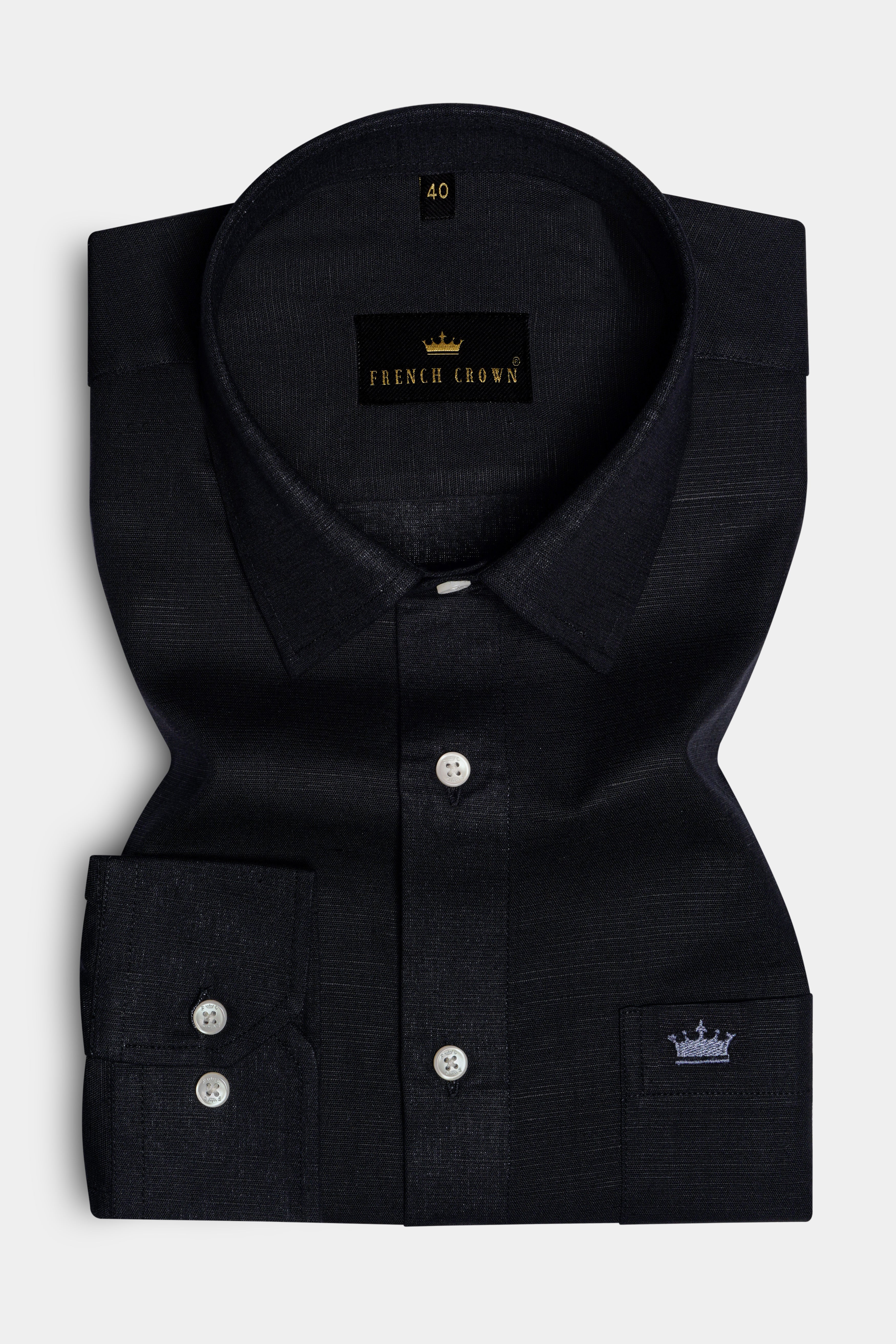 00s French B.D Shirt “Black Linen” FRENCH CROWN Midnight Black Luxurious Linen Shirt (39, Black