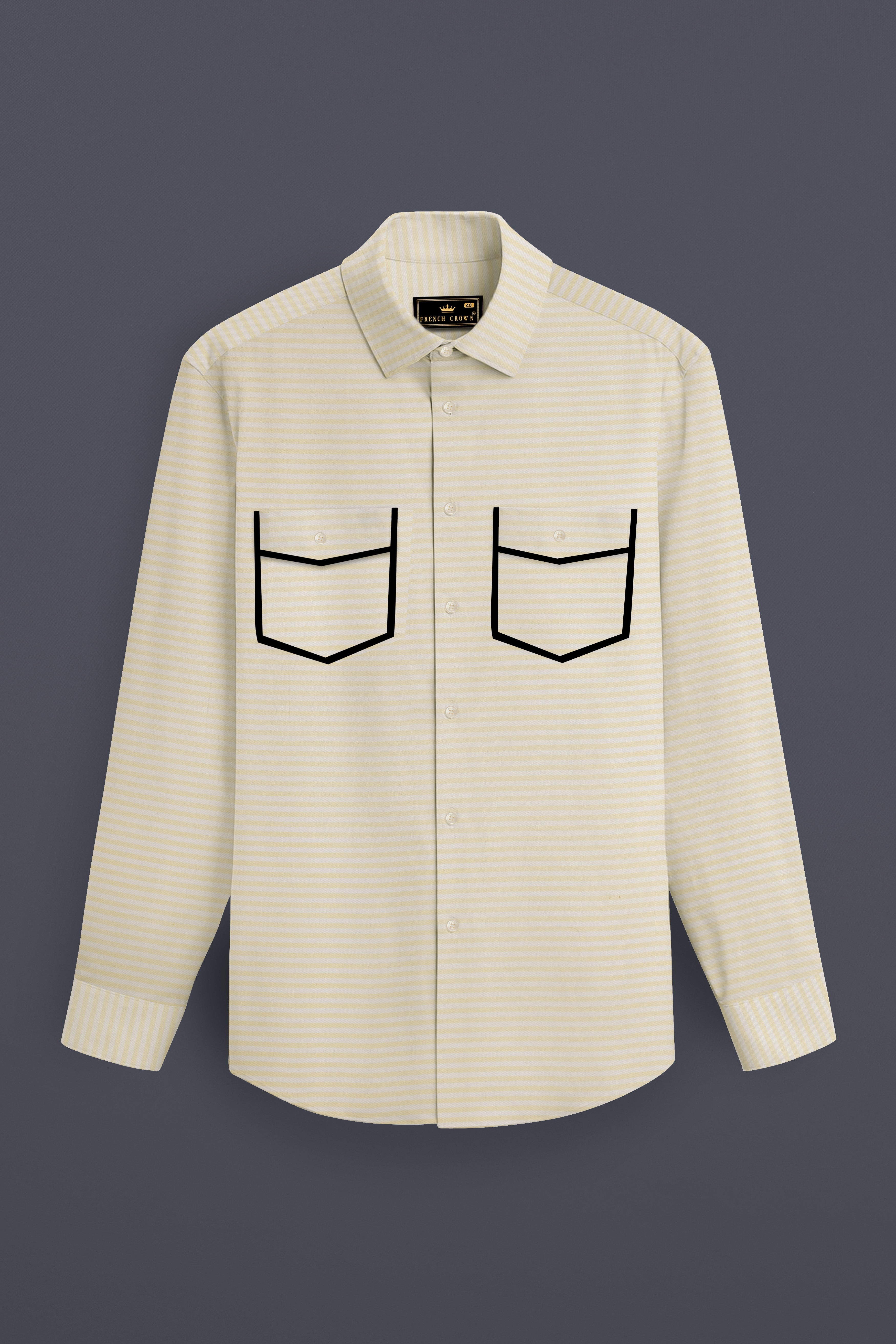 Oasis Yellow and White Striped with Black Piping Work Twill Premium Cotton Shirt