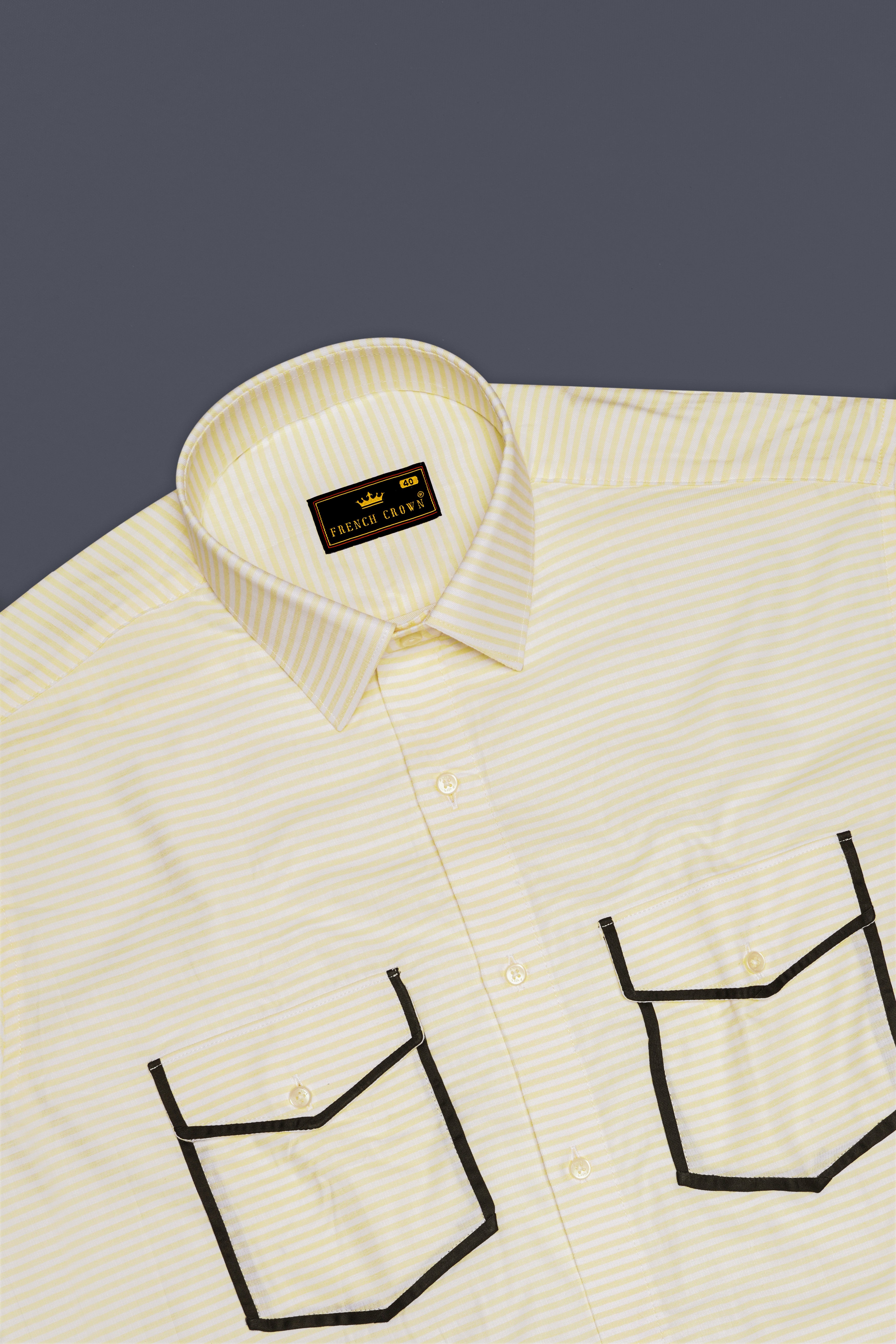 Oasis Yellow and White Striped with Black Piping Work Twill Premium Cotton Shirt