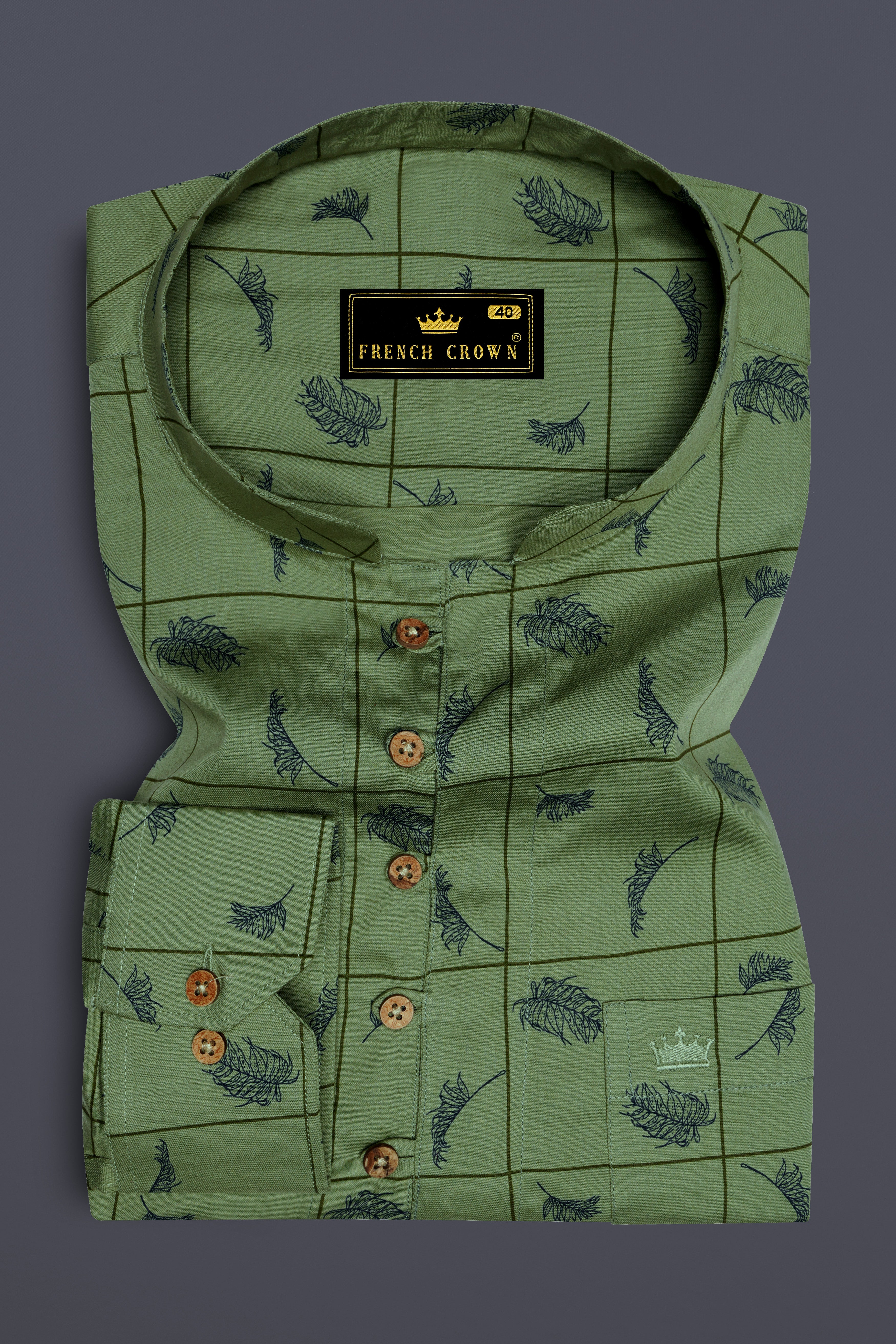 Olivine Green Windowpane with Feather Printed Super Soft Premium Cotton Kurta Shirt