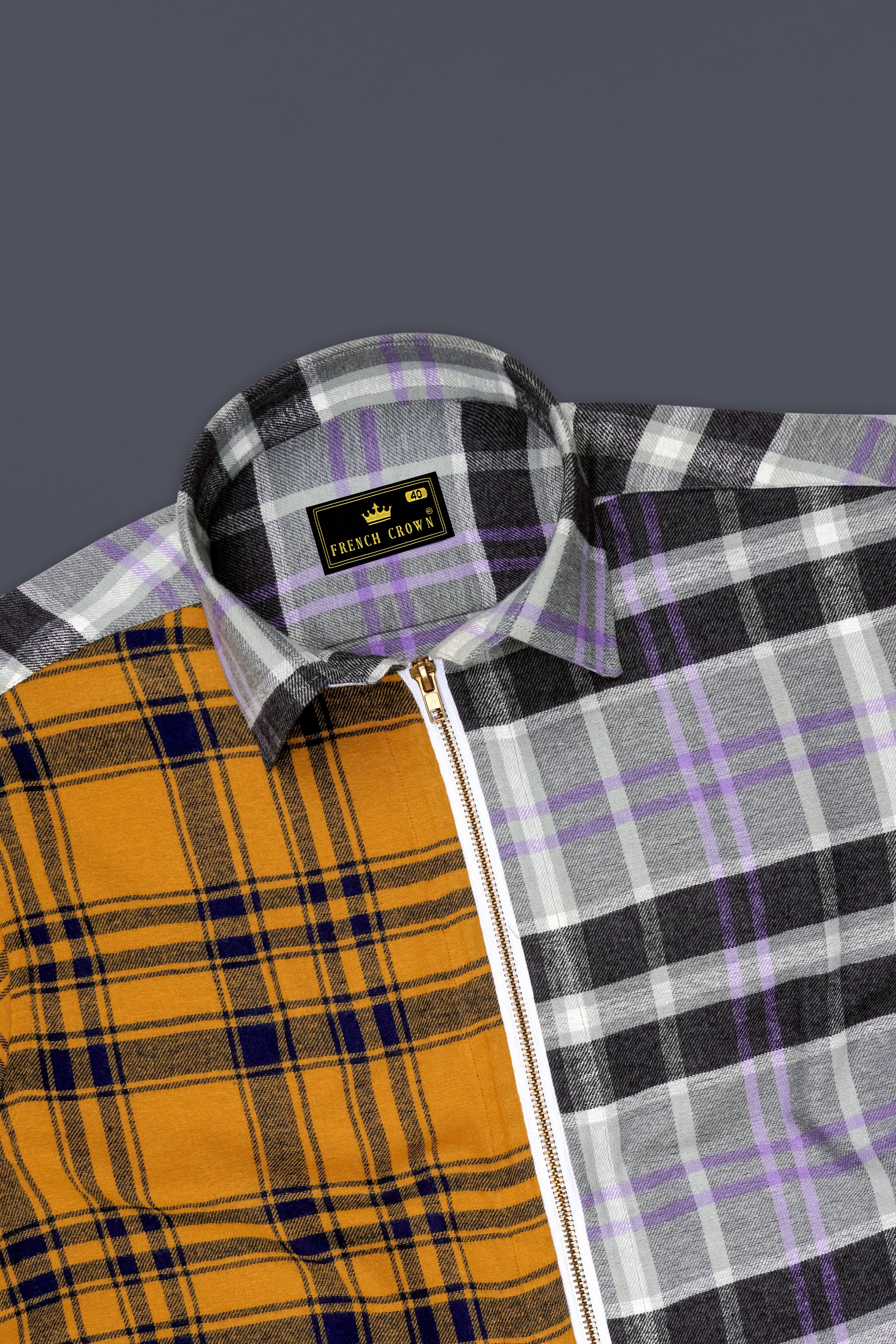 Cadmium Brown with Aluminium Gray Plaid Flannel Designer Overshirt/Shacket