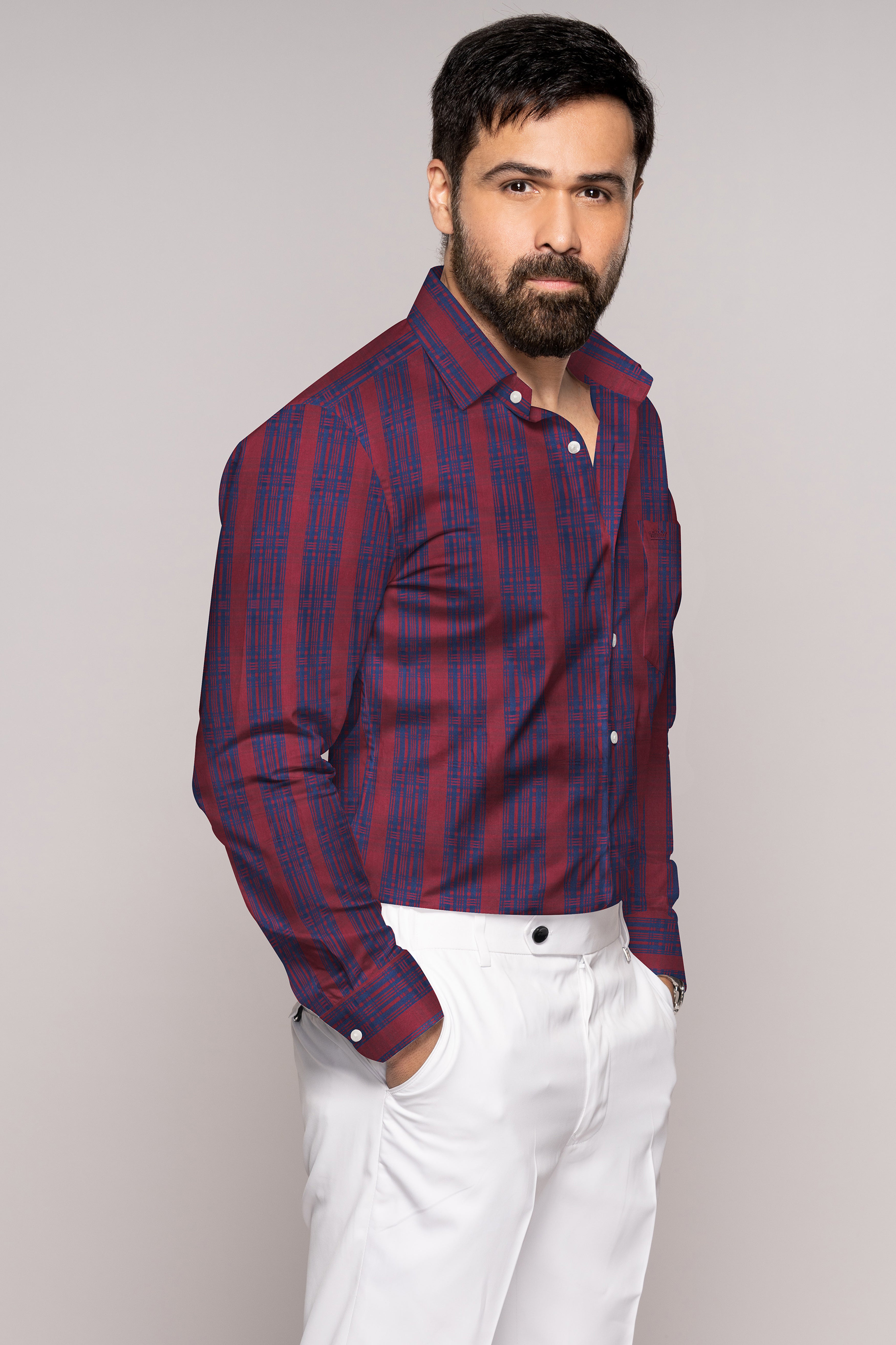 Auburn Red with Fiord Blue Jacquard Textured Giza Cotton Shirt