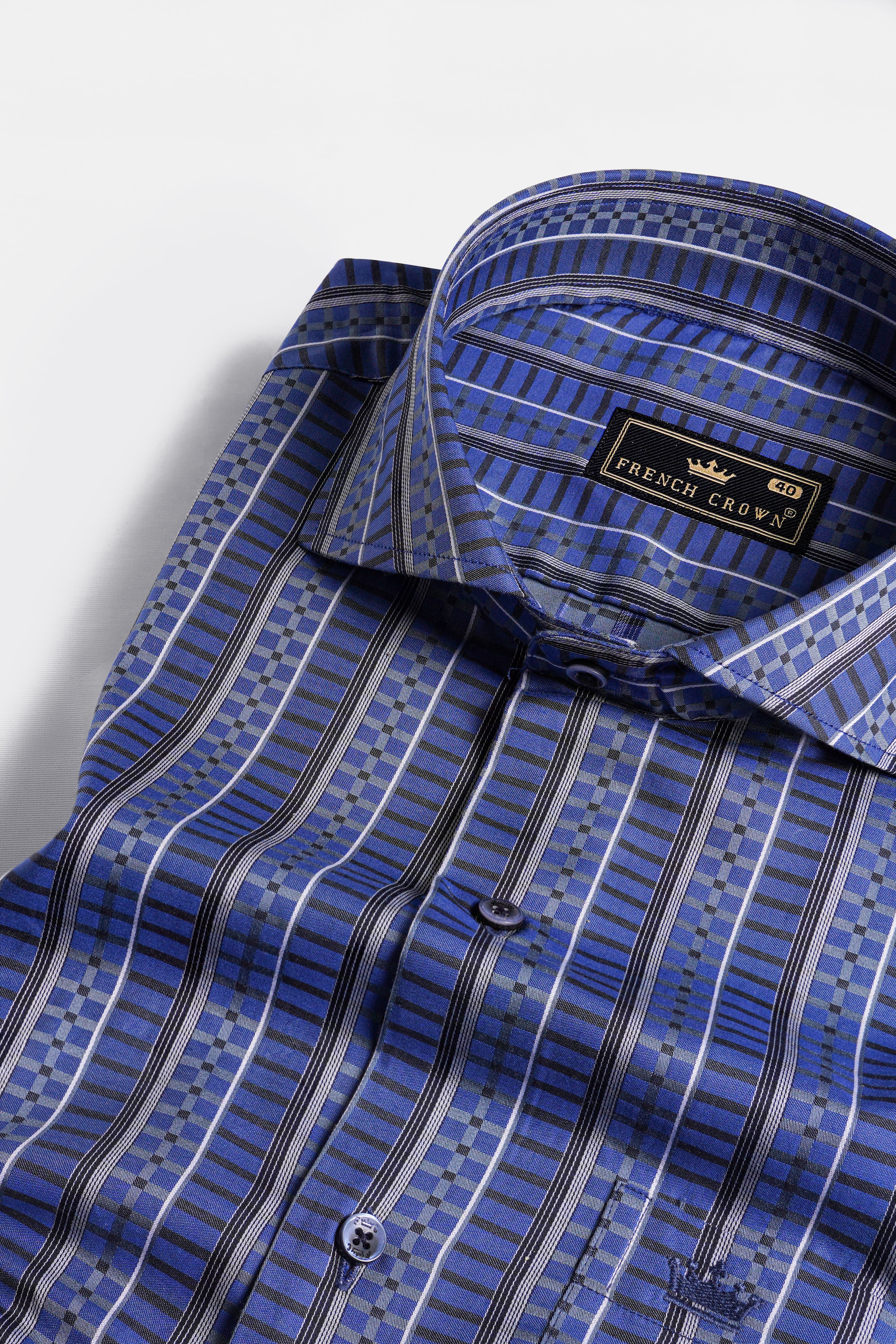 Twilight Blue with Jade Black Striped Jacquard Textured Premium Giza Cotton Shirt