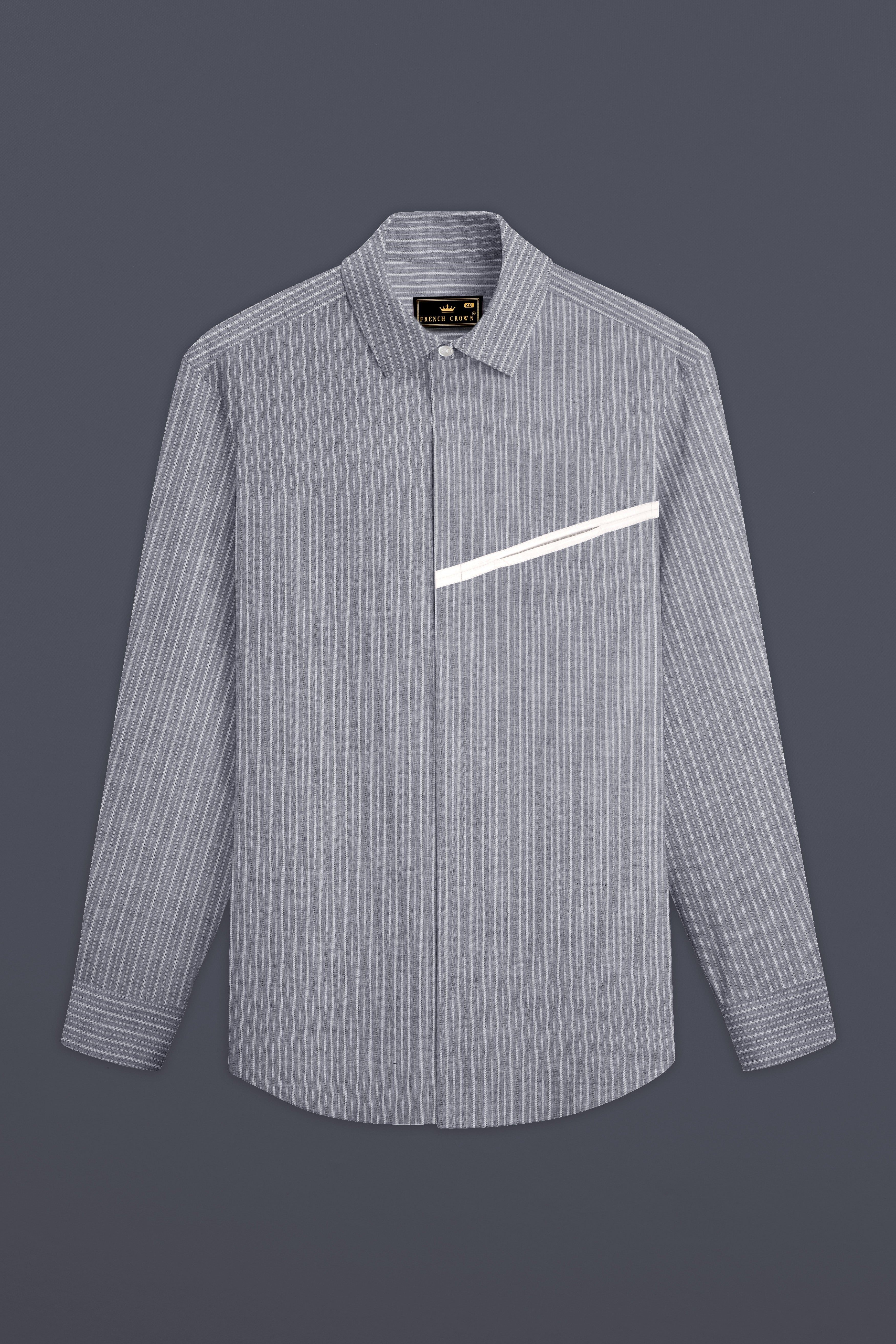 Martini Gray with Geyser Gray Striped And White Patch Work Dobby Textured Giza Cotton Designer Shirt