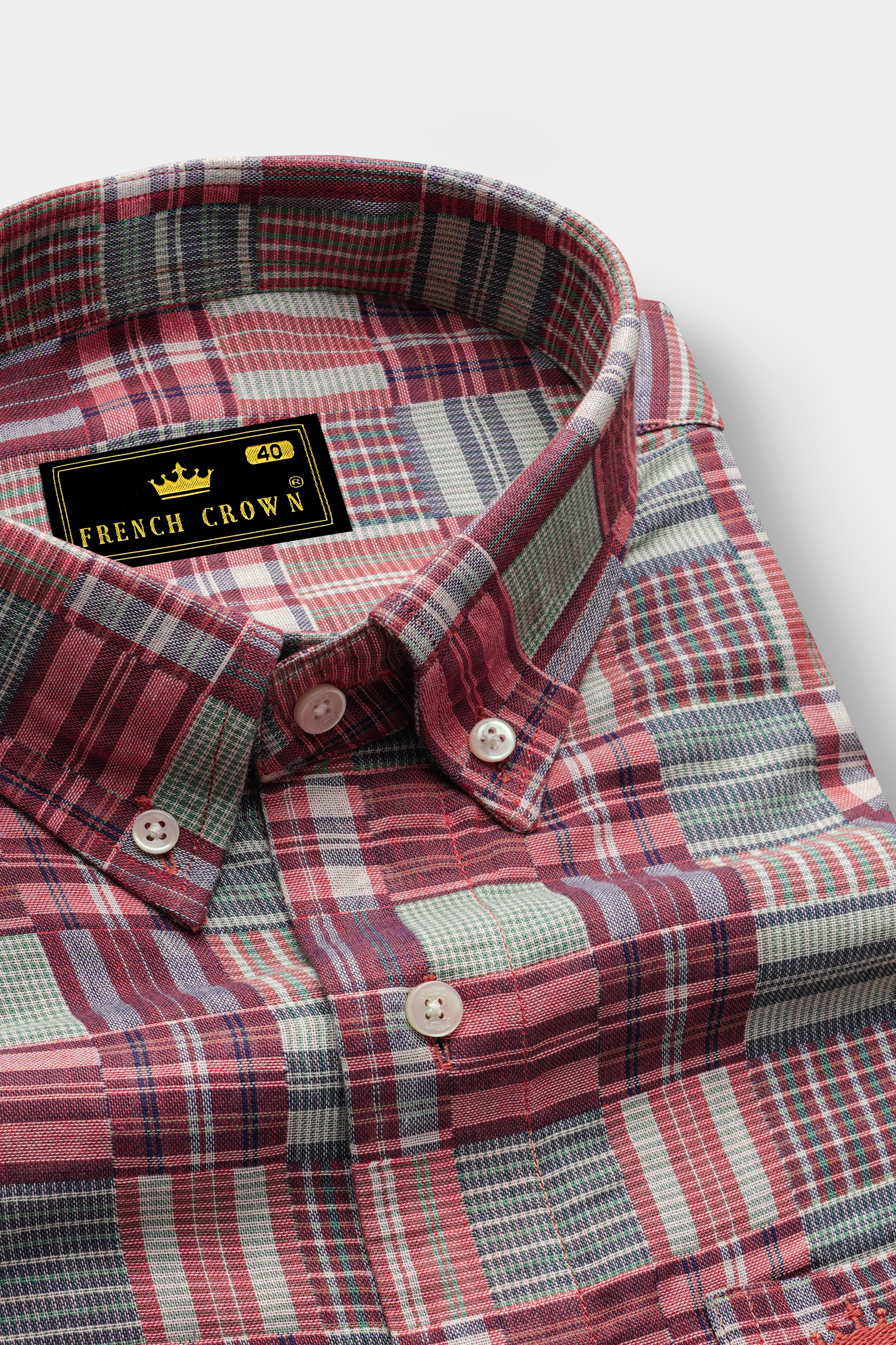 Cordovan Maroon with Gossamer Green Checkered Dobby Textured Premium Giza Cotton Shirt