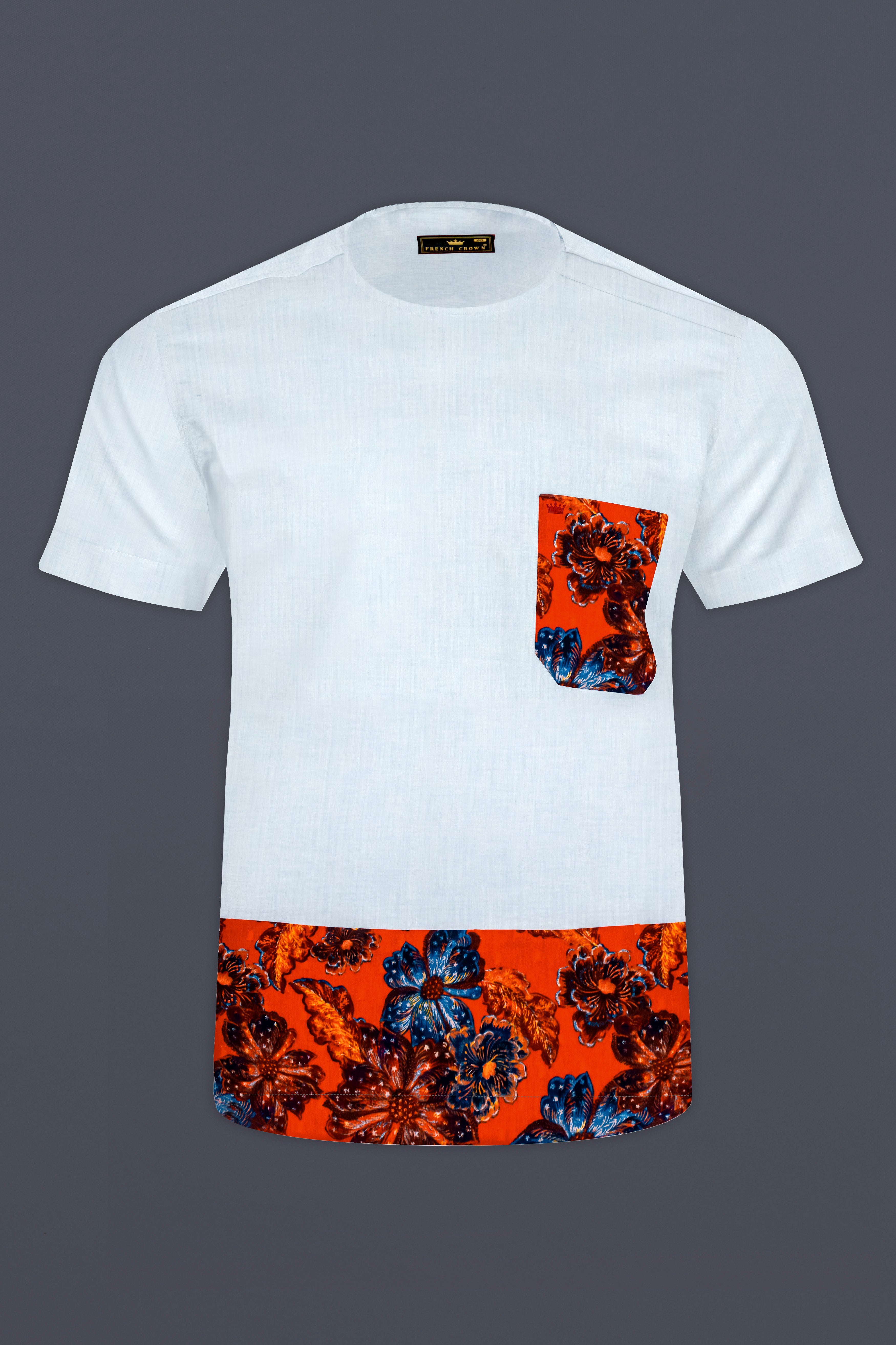 Porcelain Gray with Fame Orange Floral Printed Seersucker Designer Bush Shirt