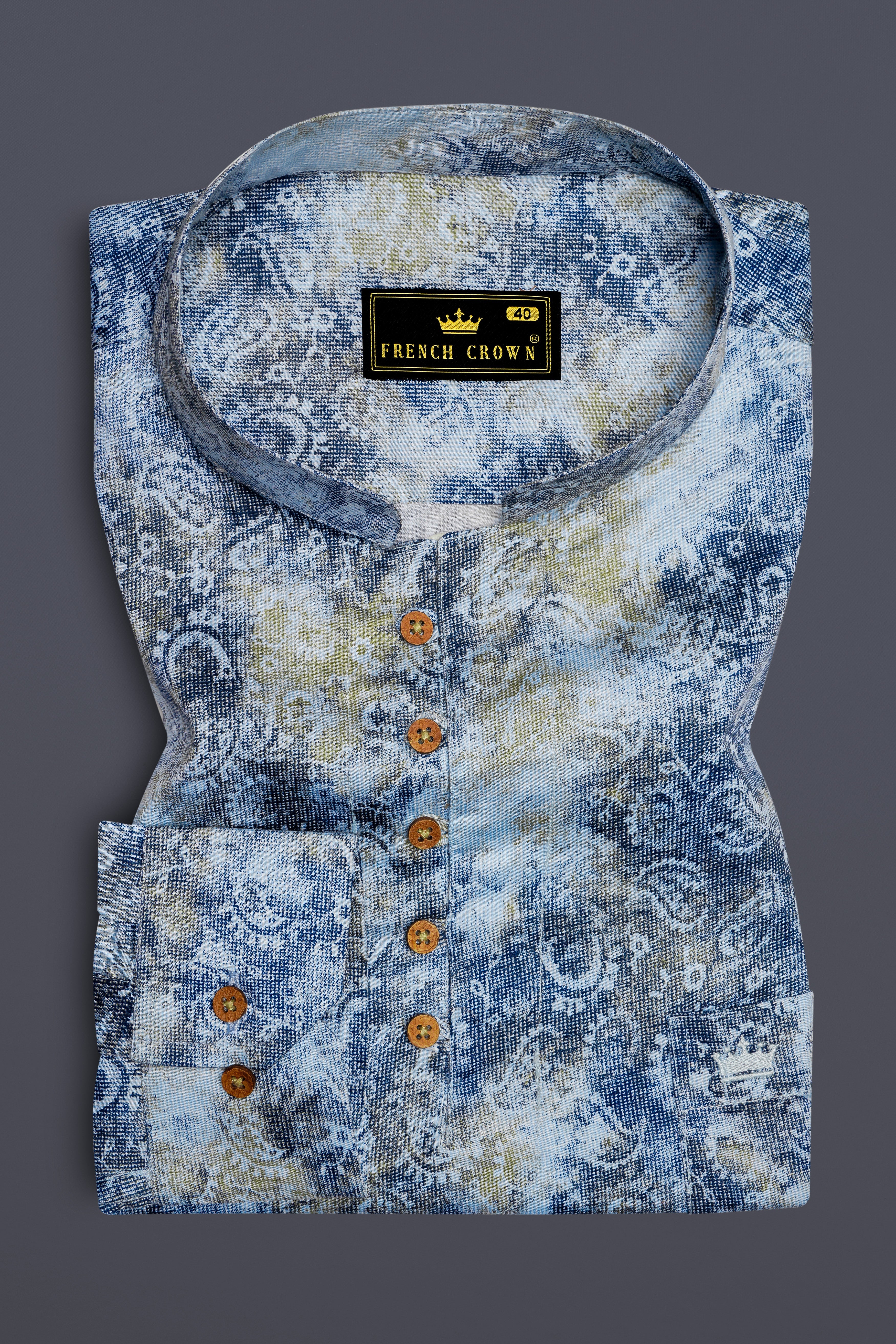 Bright White with Bison Hide Brown and East Bay Blue Paisley Printed Premium Cotton Kurta Shirt