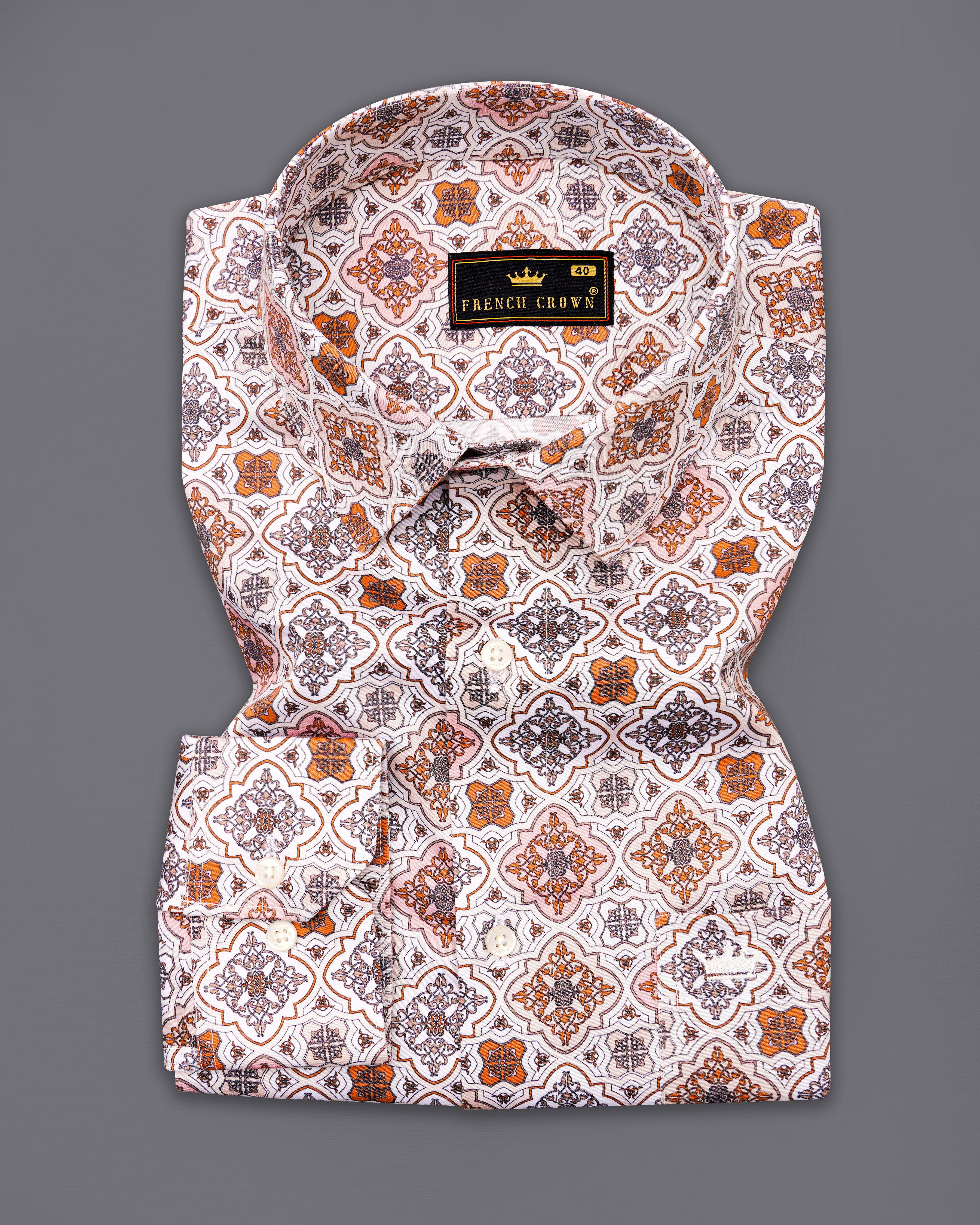 Oyster Off White with Sunrise Orange Indian Style Printed Super Soft Premium Cotton Shirt