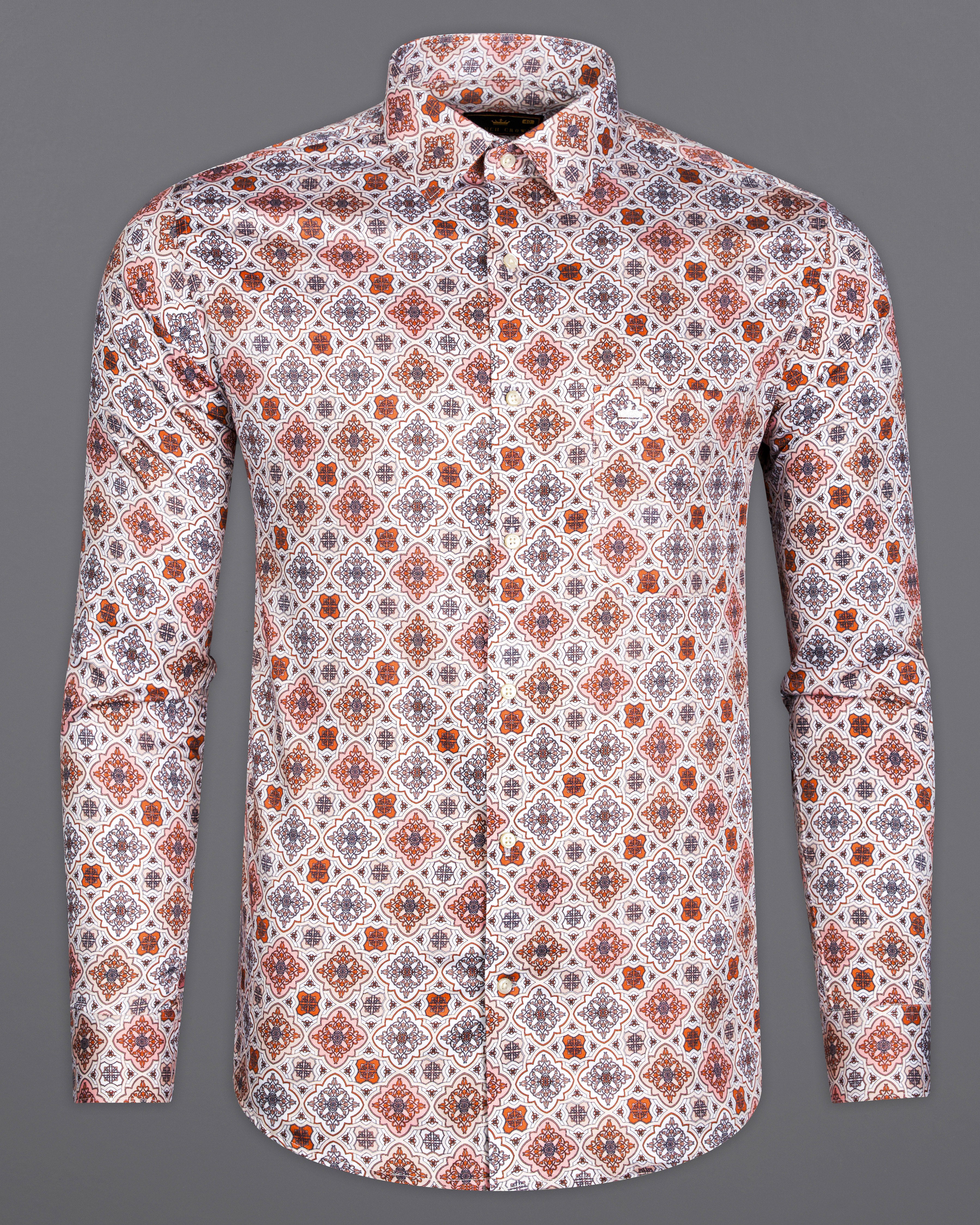 Oyster Off White with Sunrise Orange Indian Style Printed Super Soft Premium Cotton Shirt