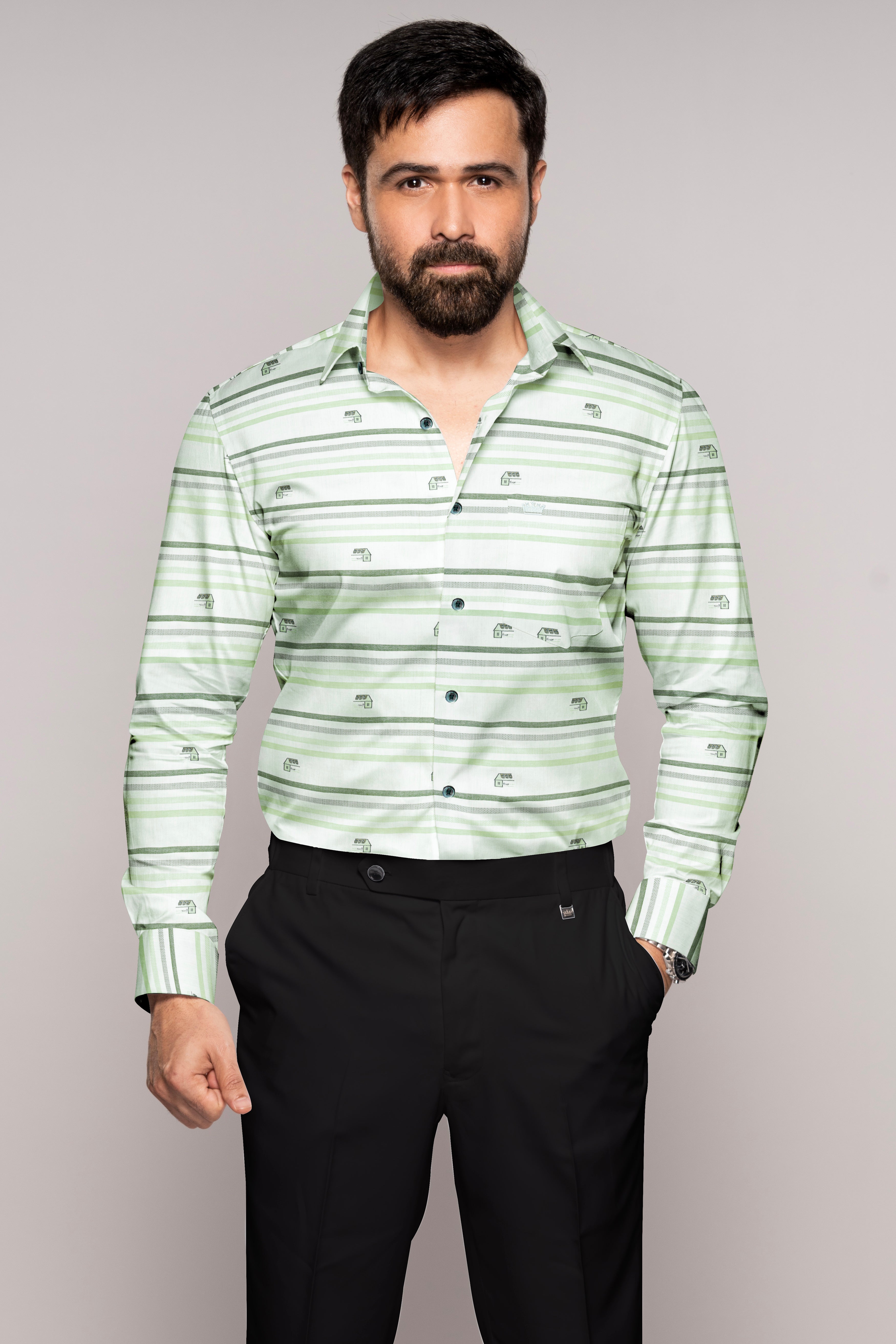 Catskill with Surf Crest Green Striped Dobby Premium Giza Cotton Shirt