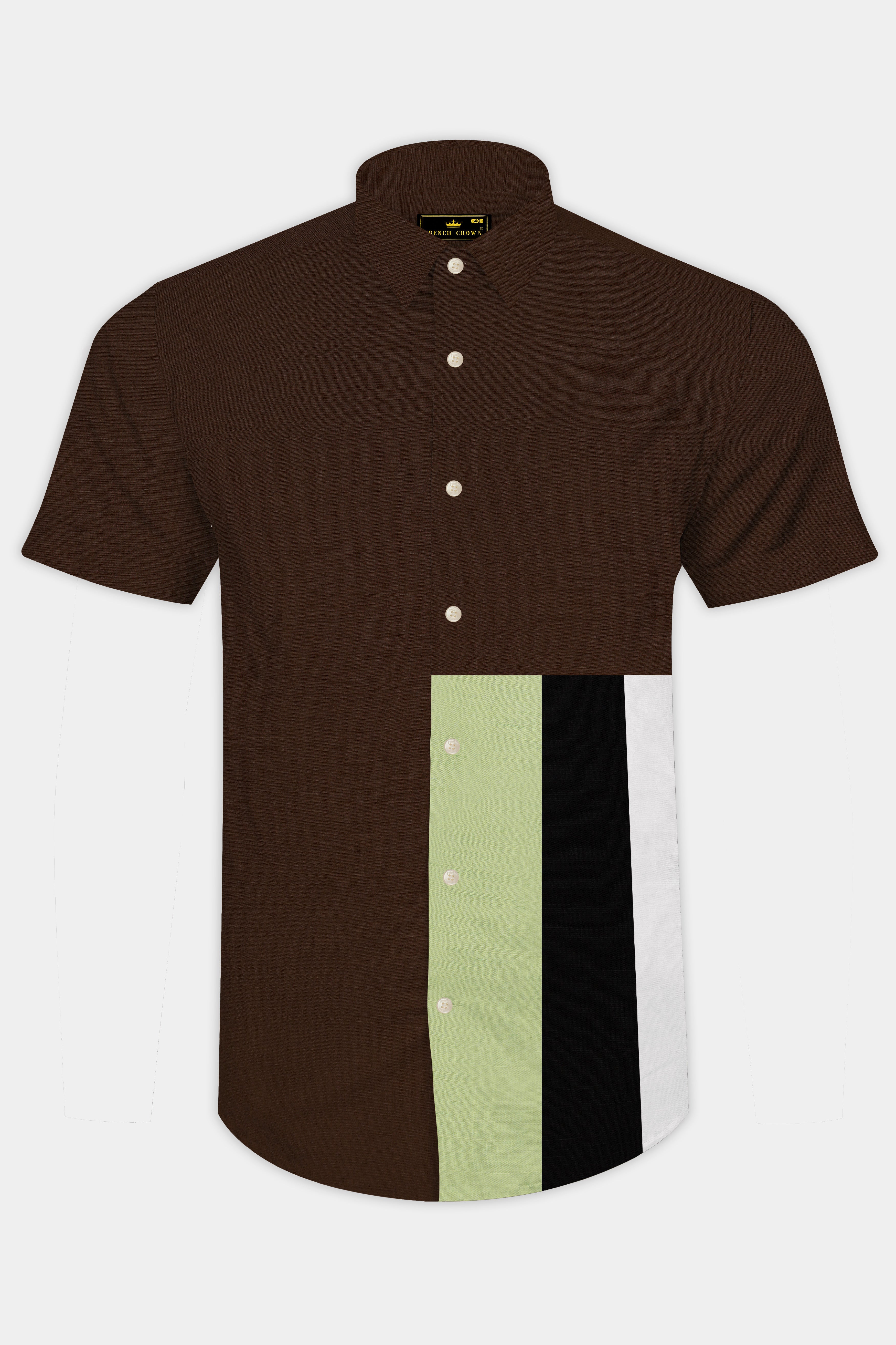Spice Brown with Fringy Green and Black Patchwork Luxurious Linen Designer Shirt