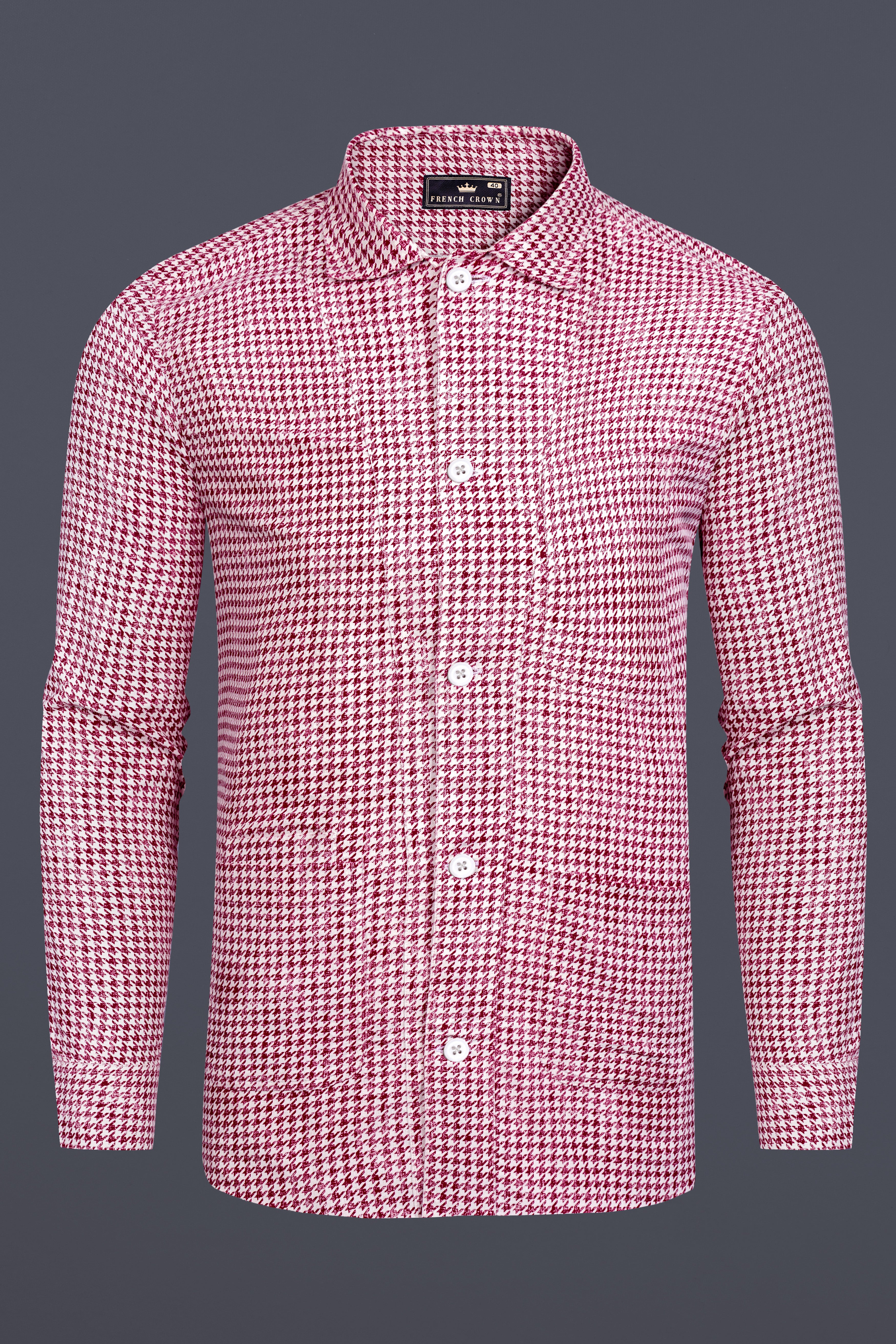 Burgundy and White Houndstooth Textured Premium Giza Cotton Overshirt/Shacket