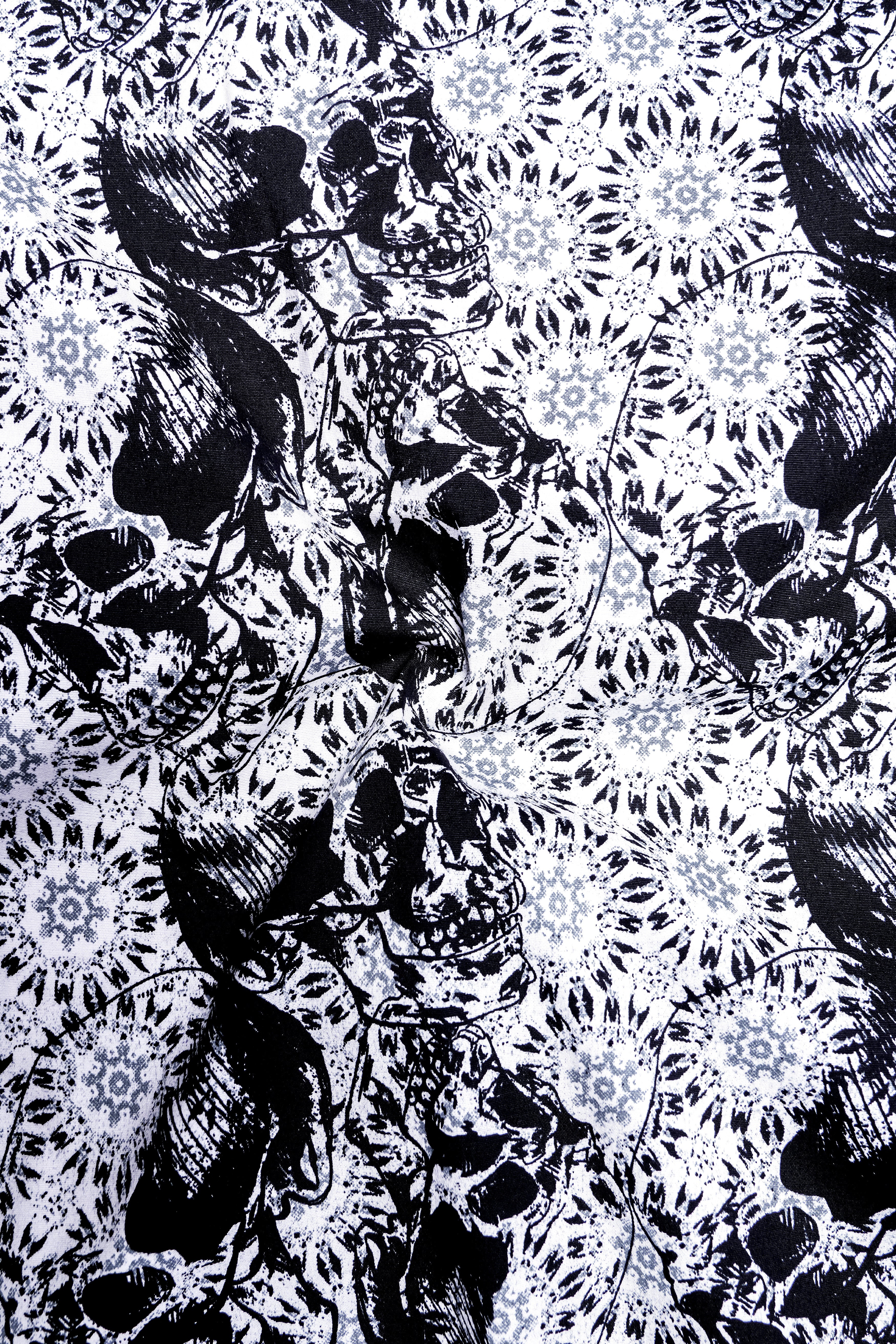 Bright White and Black Printed Premium Cotton Designer Bush Shirt