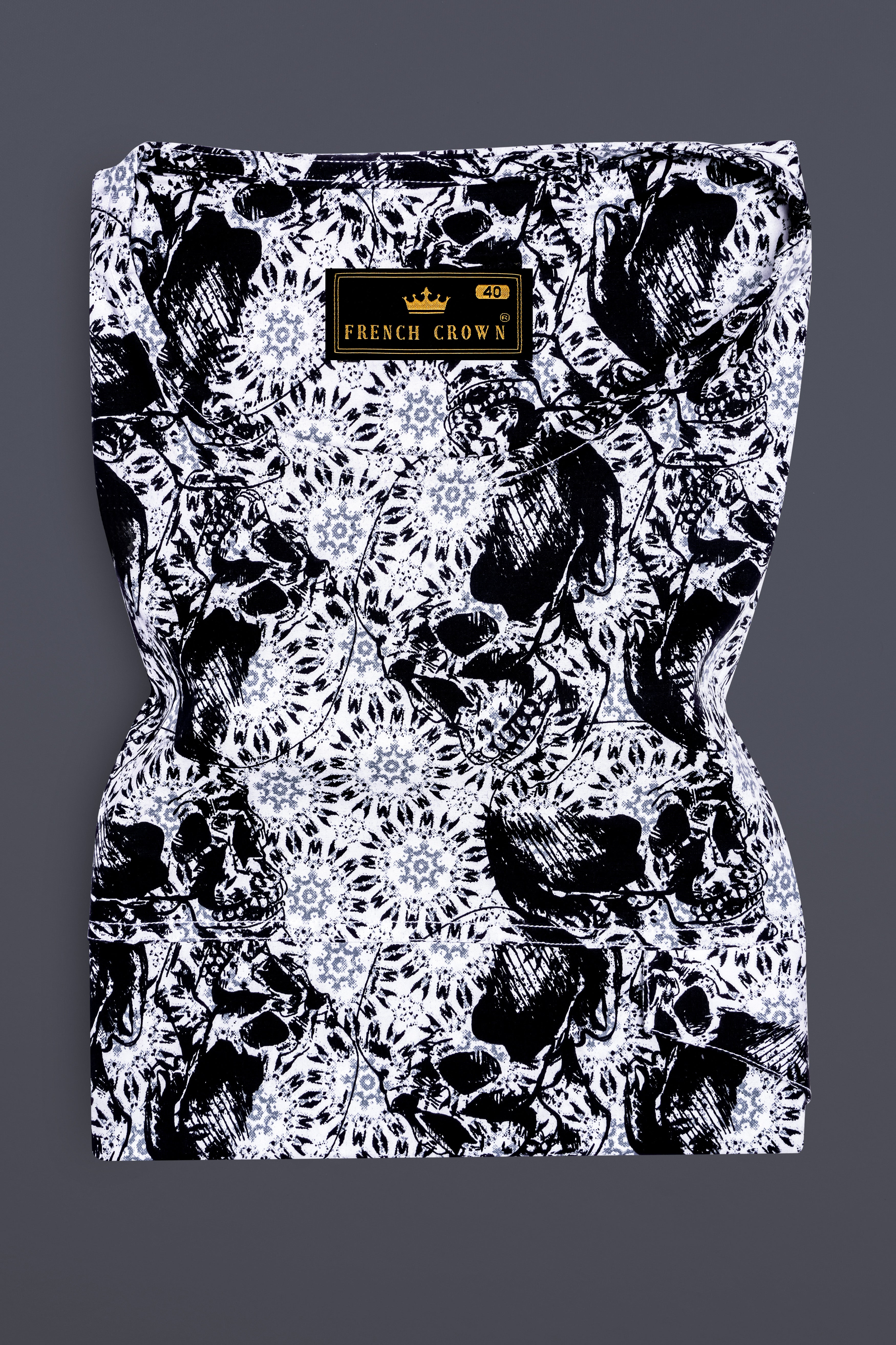 Bright White and Black Printed Premium Cotton Designer Bush Shirt