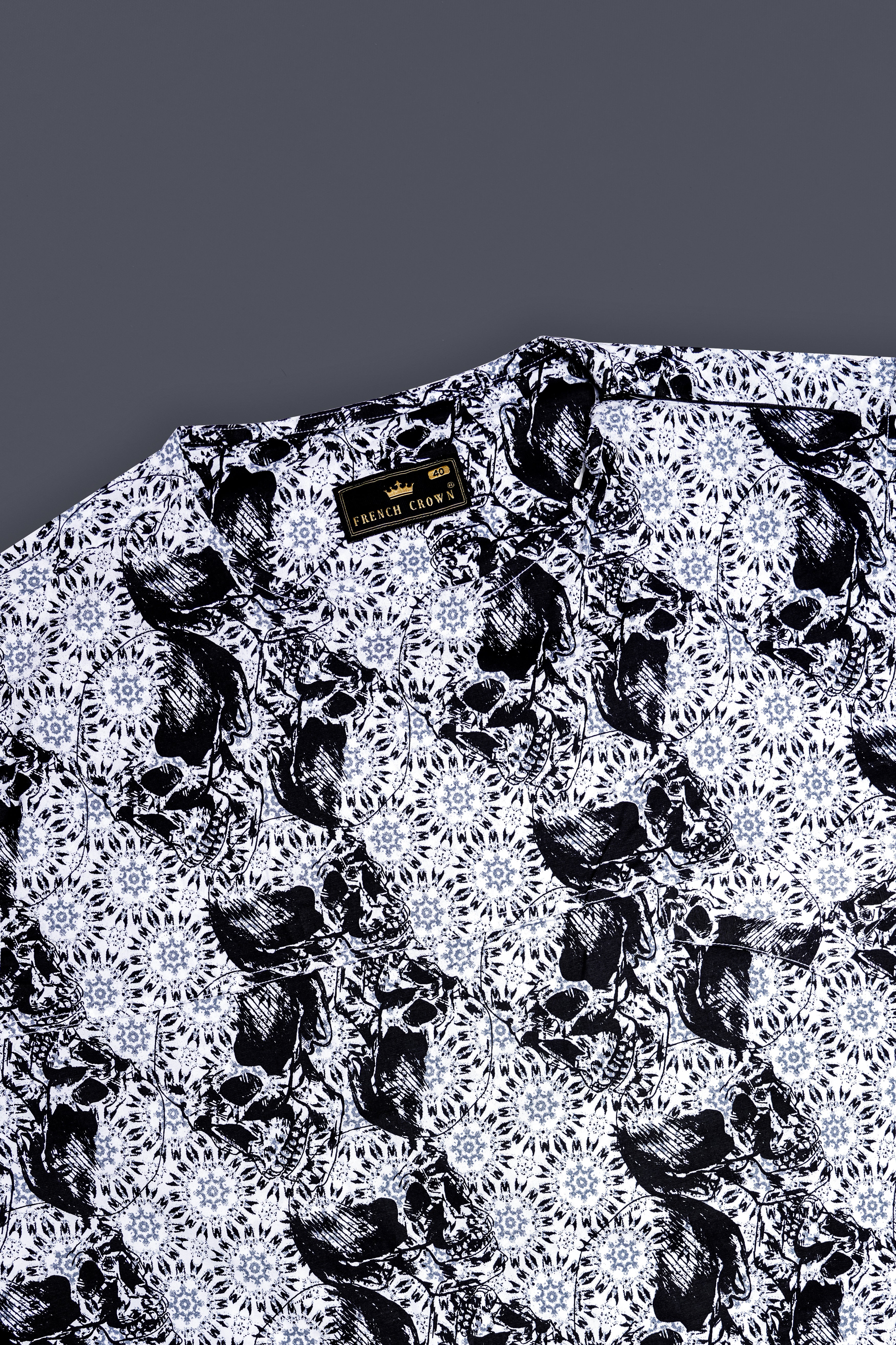 Bright White and Black Printed Premium Cotton Designer Bush Shirt