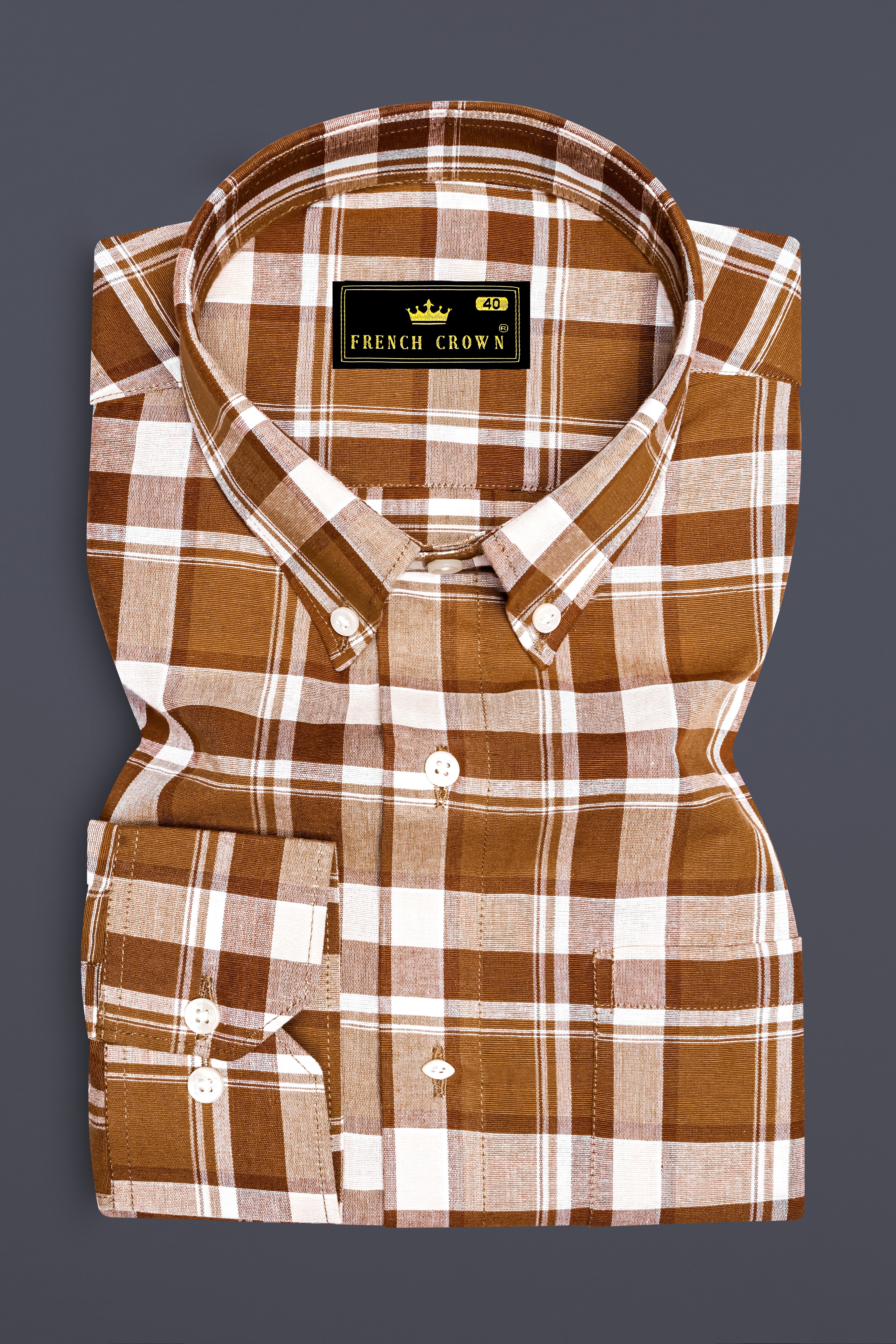 Spice Brown and White Plaid Chambray Button-Down Shirt