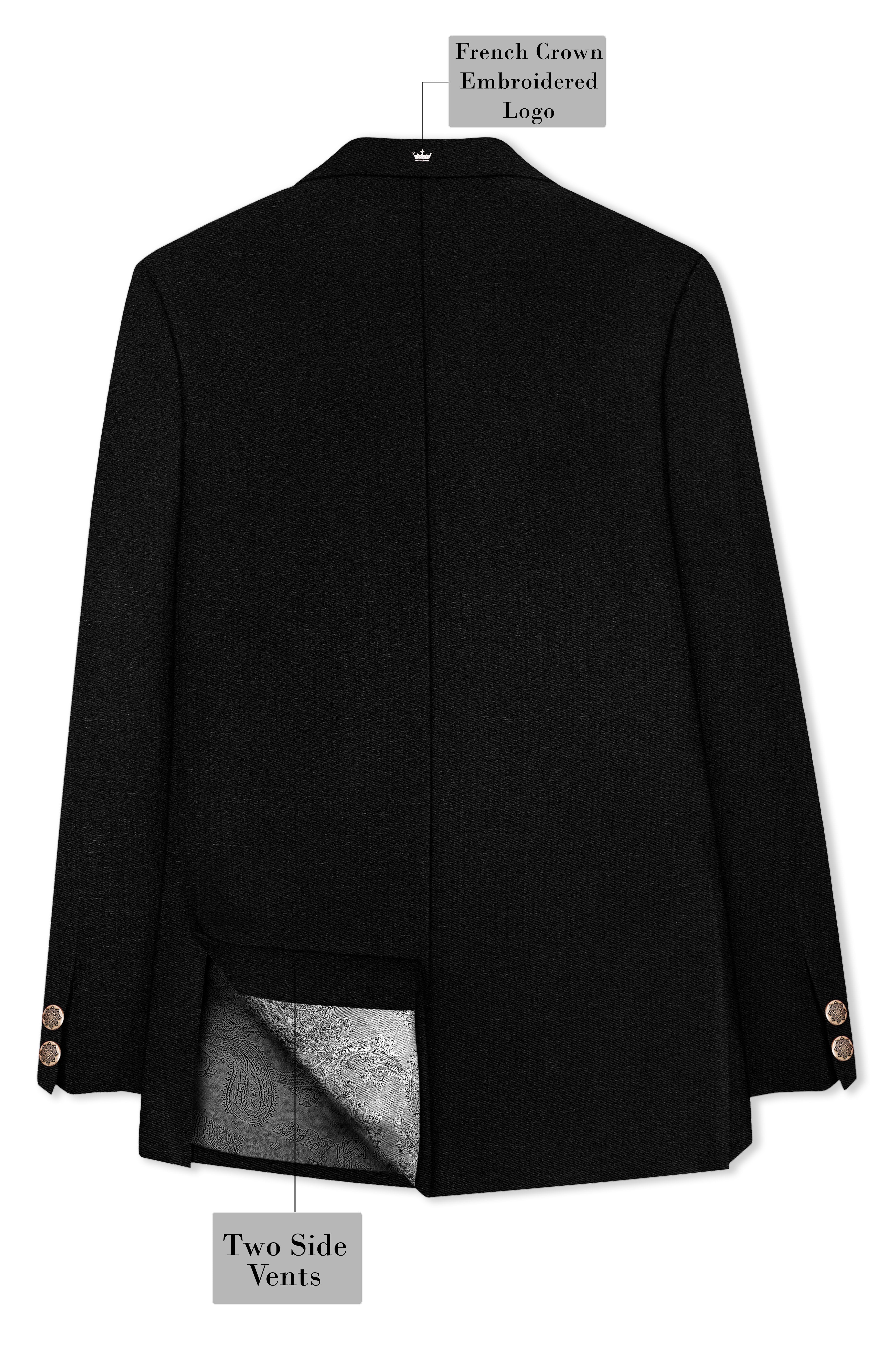 Jade Black Stretchable Subtle Sheen Cross Placket  Double Closure Bandhgala/Mandarin Suit