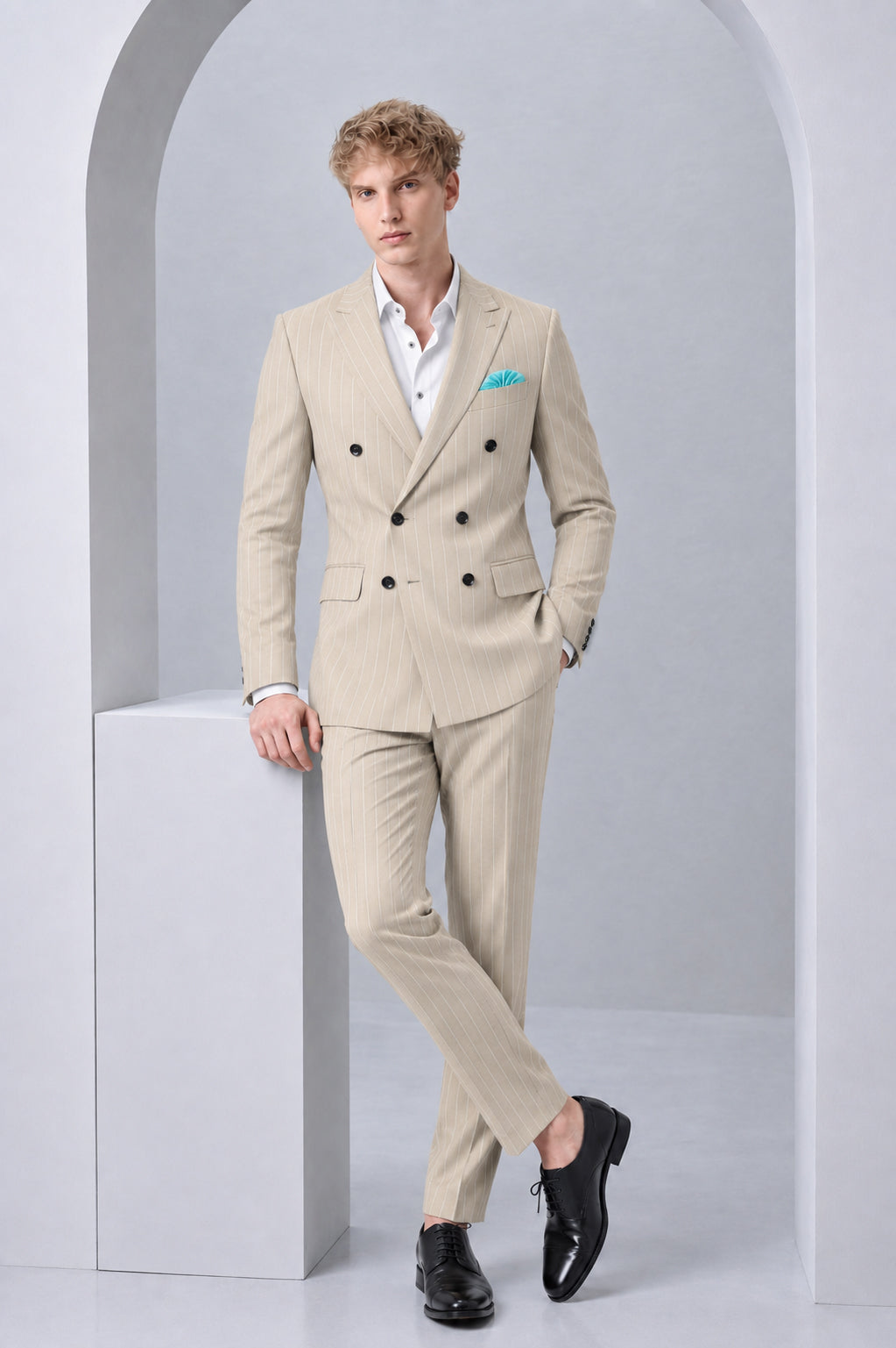 Lumier-Akaroa Cream And Bright White Chalk Striped Wool Rich Slight Stretch Double Breasted Suit