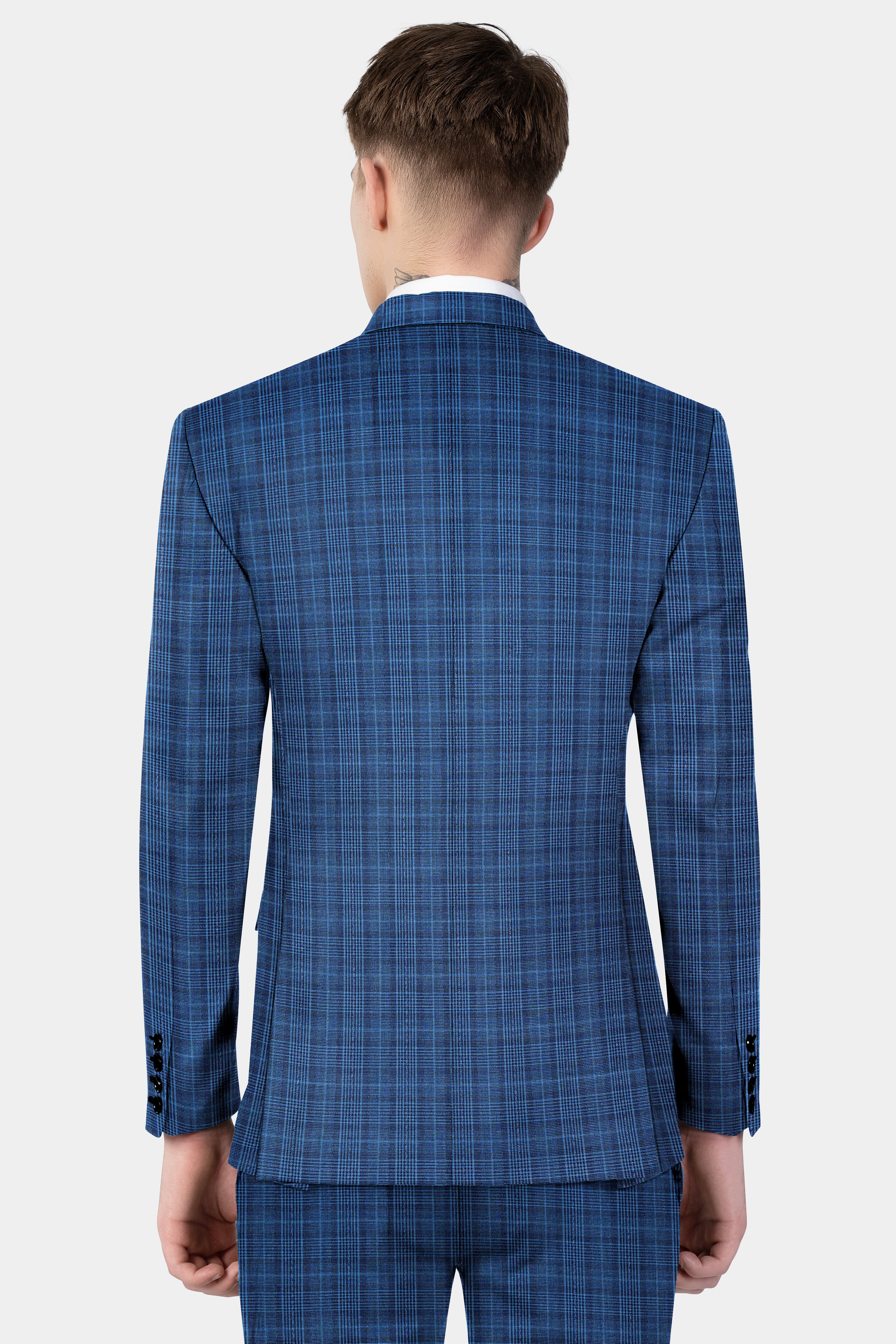 Mid Blue Plaid Double Breasted Blazer