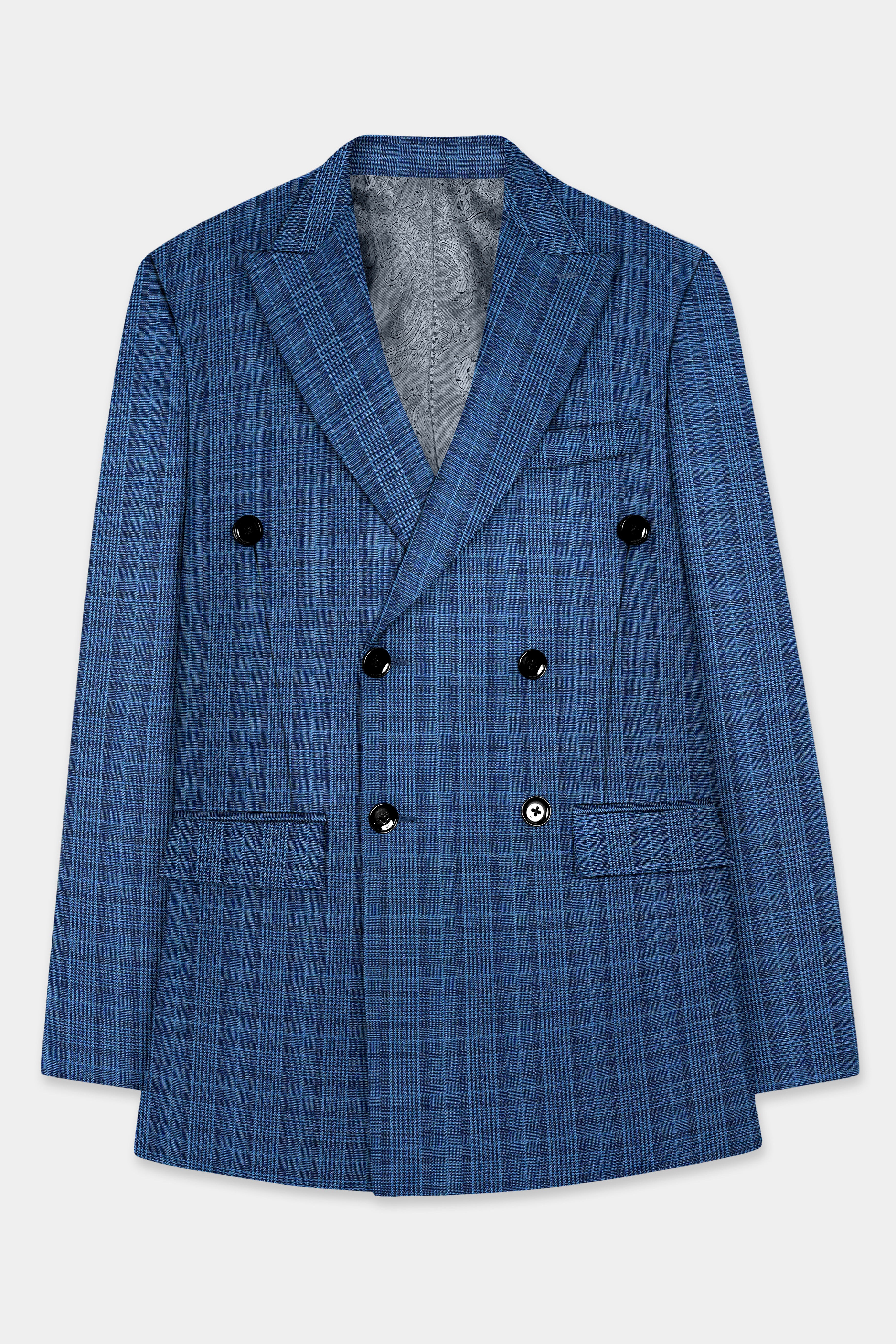 Mid Blue Plaid Double Breasted Blazer