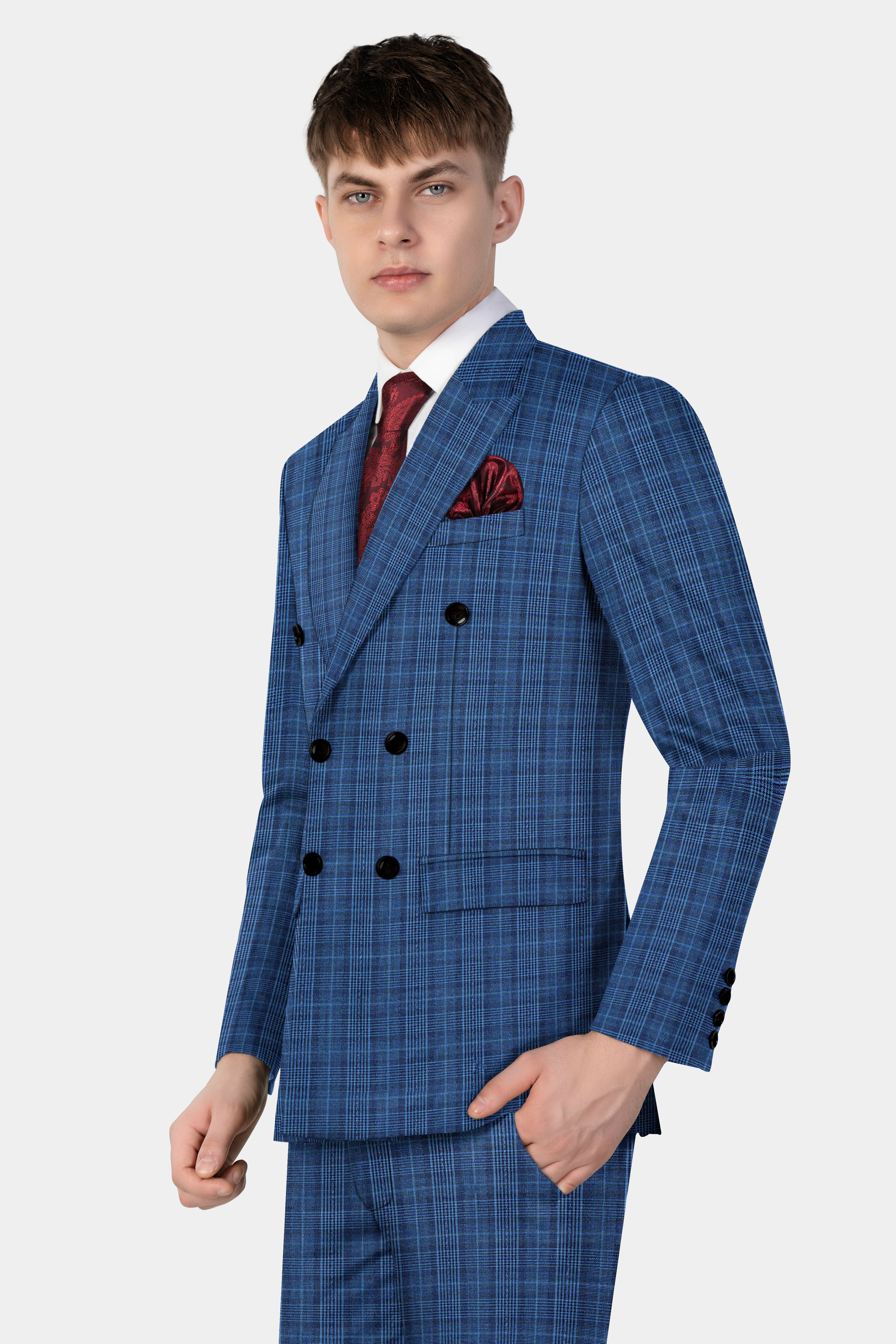 Mid Blue Plaid Double Breasted Blazer