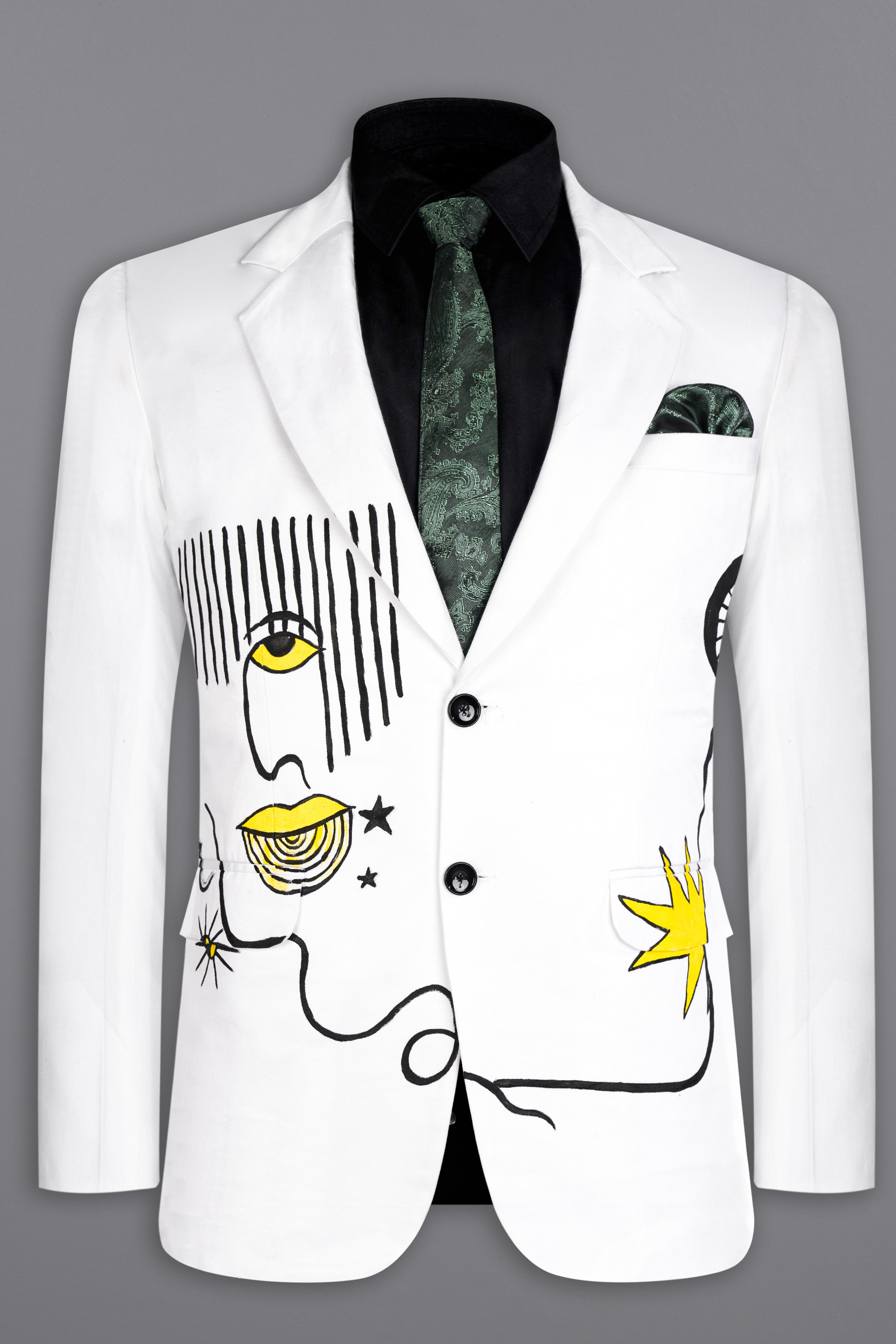 Bright White With Abstract Hand Painted Stretchable Single Breasted Designer Blazer