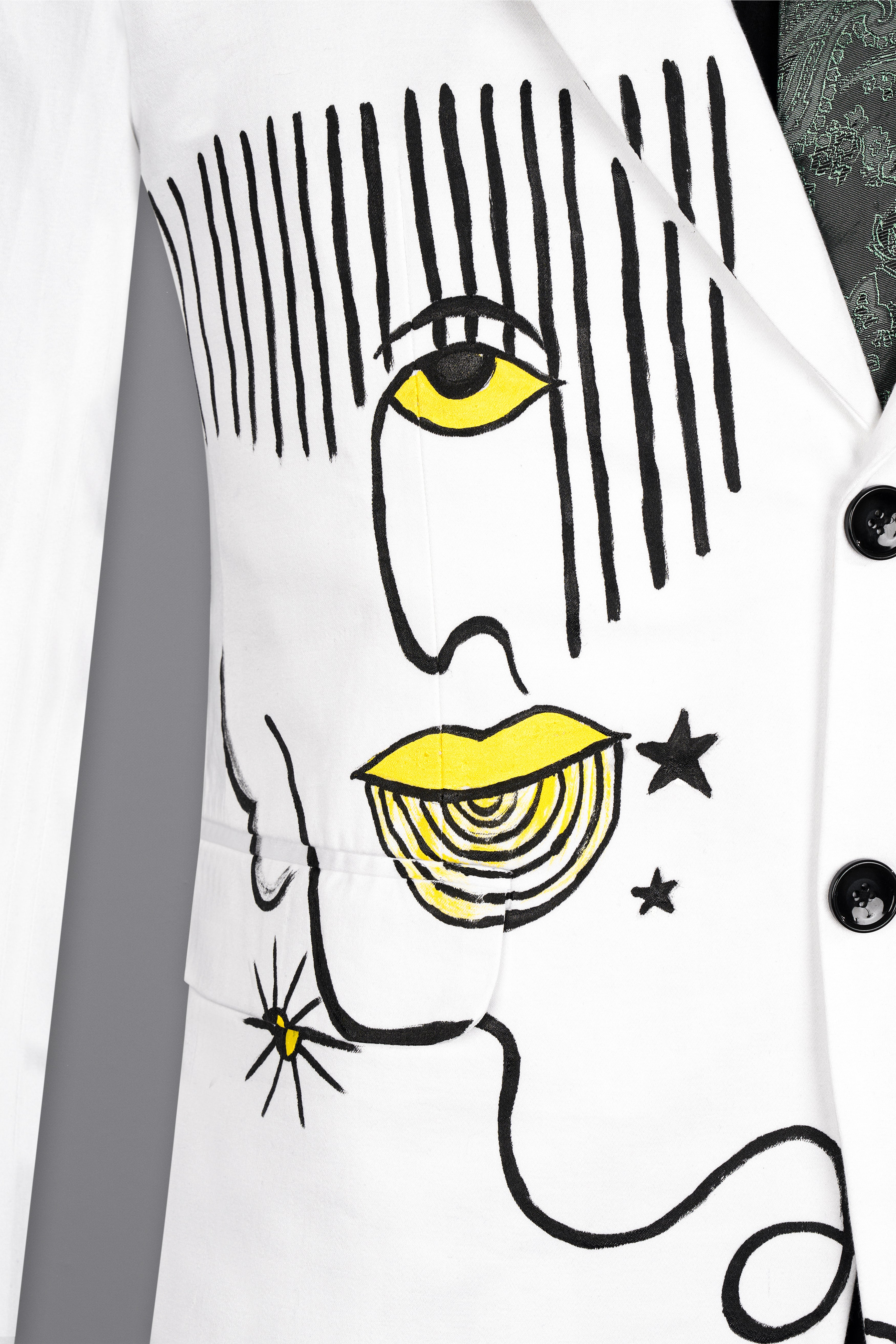 Bright White With Abstract Hand Painted Stretchable Single Breasted Designer Blazer