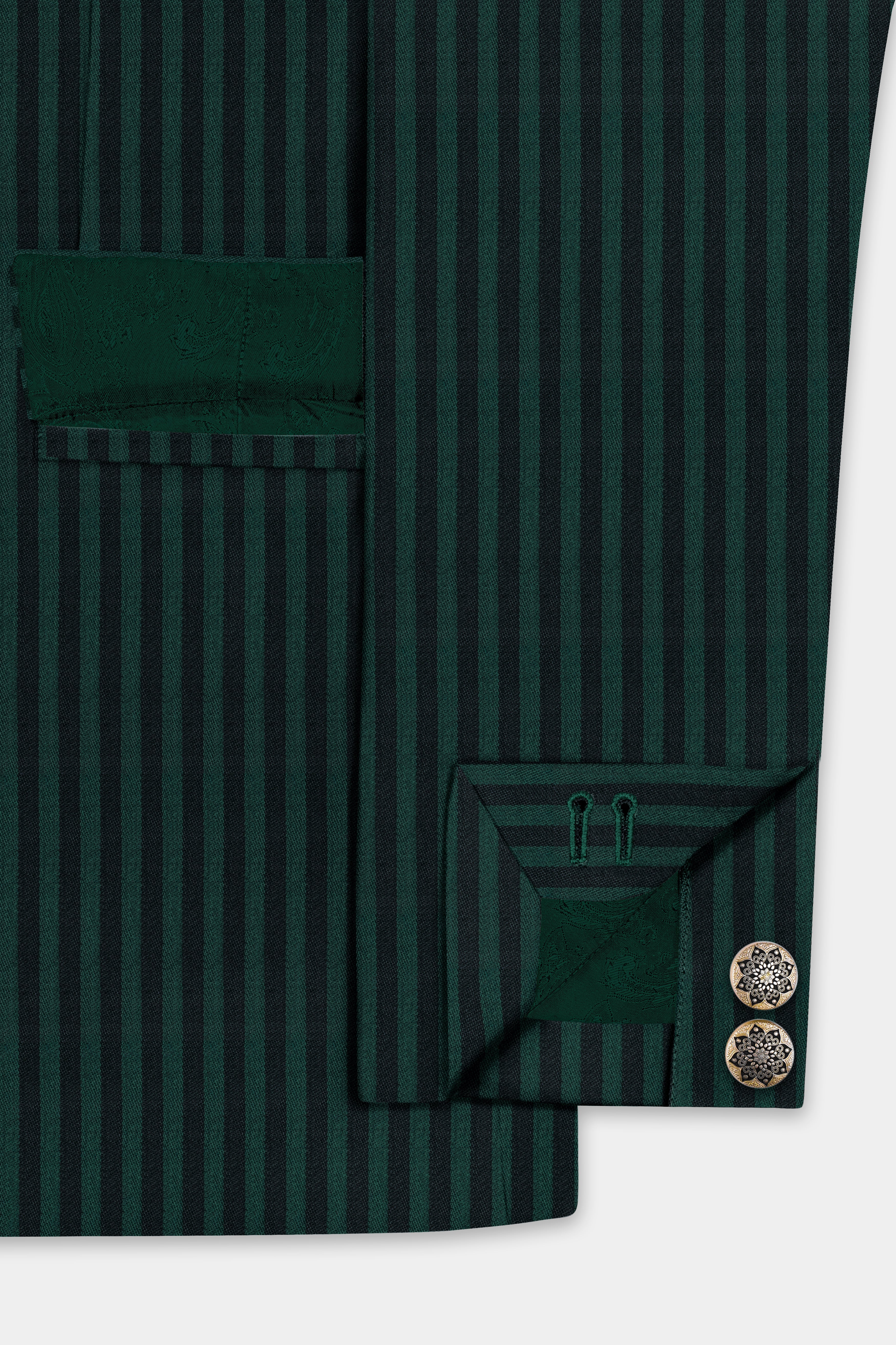 Celtic Green with Black Striped Wool Rich Cross Placket Bandhgala Blazer