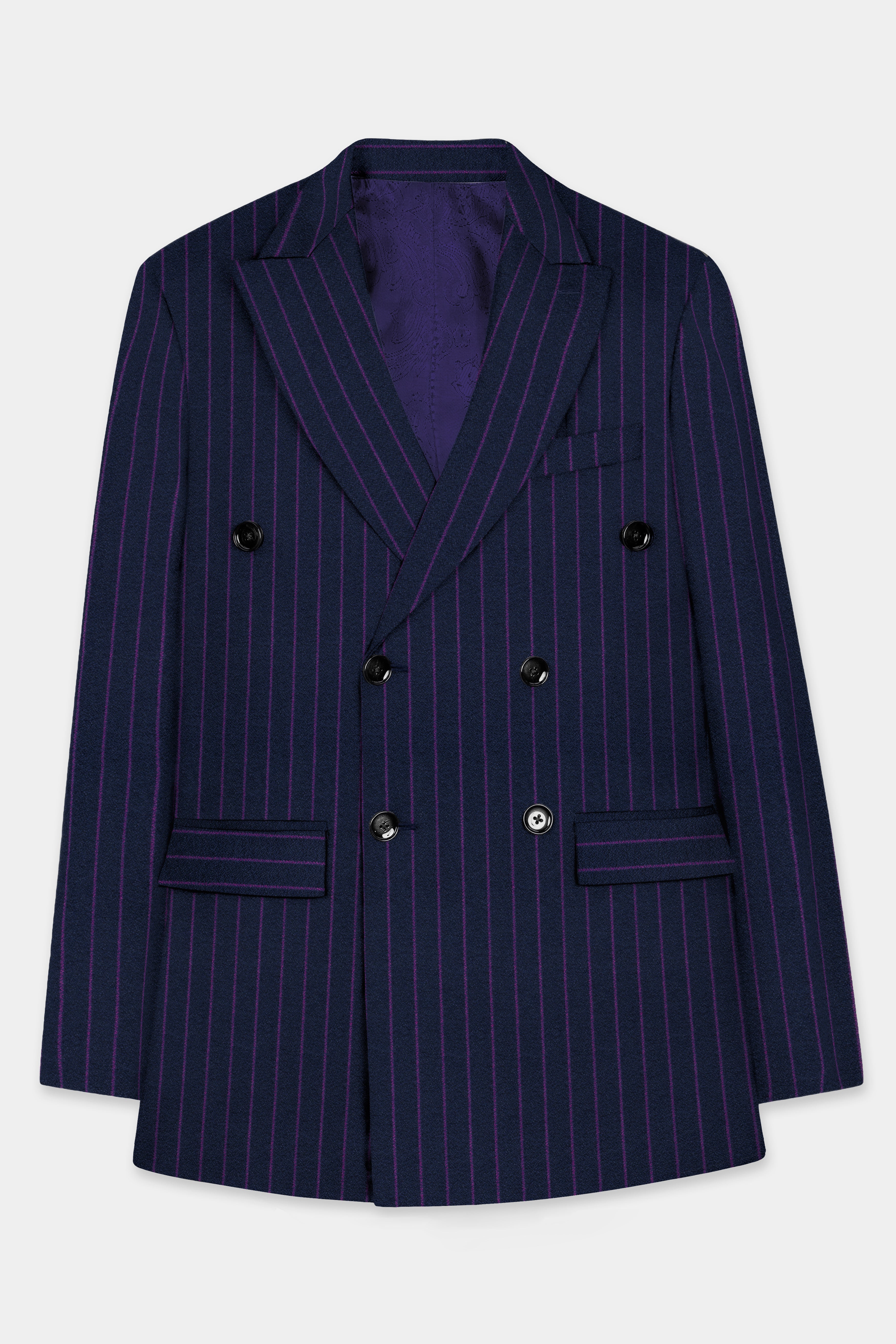 Steel Gray with Grape Purple Striped Wool Blend Double Breasted Blazer